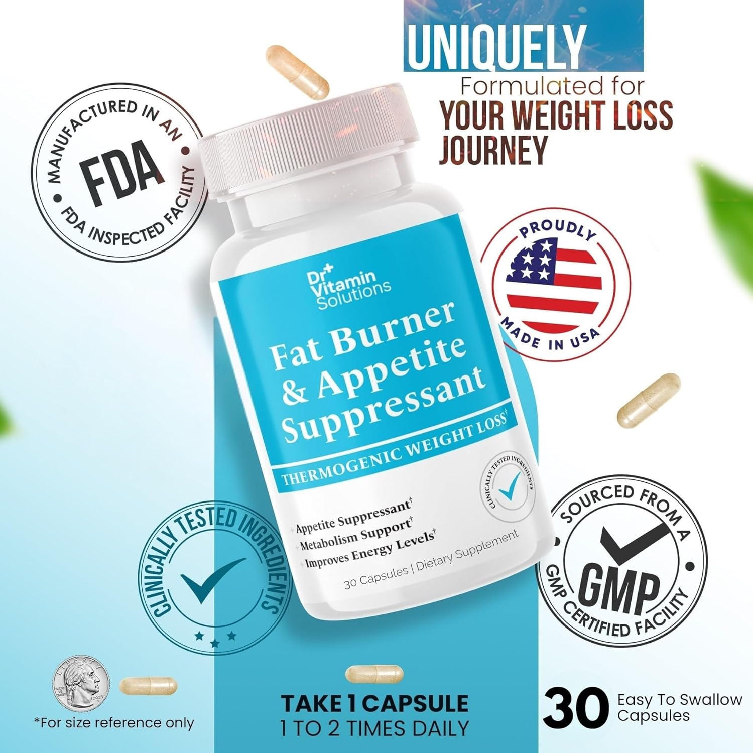 Fat Burner for Women & Men - Appetite Suppressant for Weight Loss - Pills w/Metabolism Booster Thermogenic Weight Loss Supplement - Chromium, Caffeine & Green Tea - 30 Capsules - Image 8