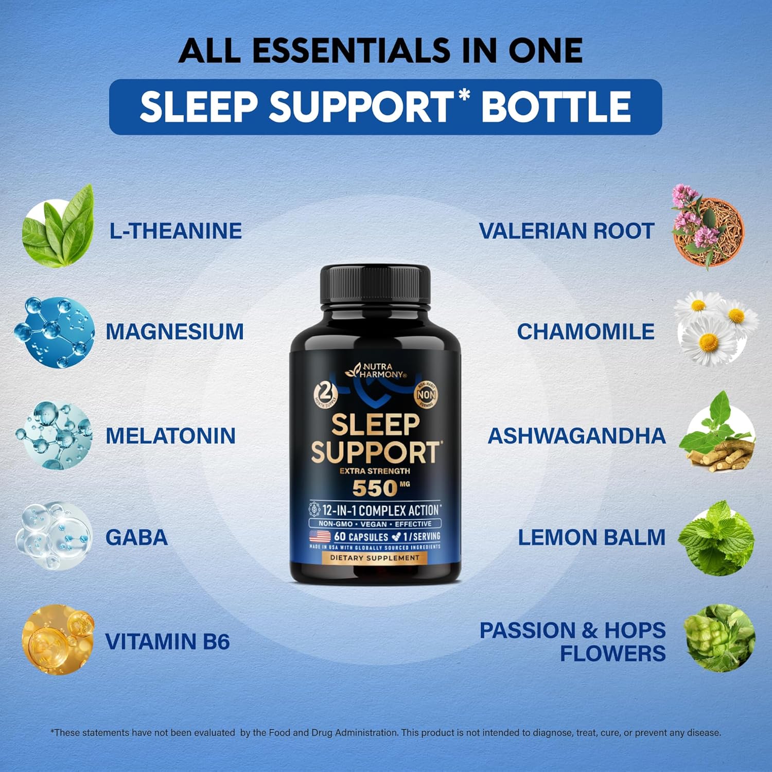 Sleeping Pills for Adults 550mg - Melatonin 3mg | Valerian Root for Sleep | L-Theanine | Magnesium - Natural Sleep Aid Supplement - Non-Habit Forming Rest Support - Made in USA - 1/day, 2 Month Supply - Image 5