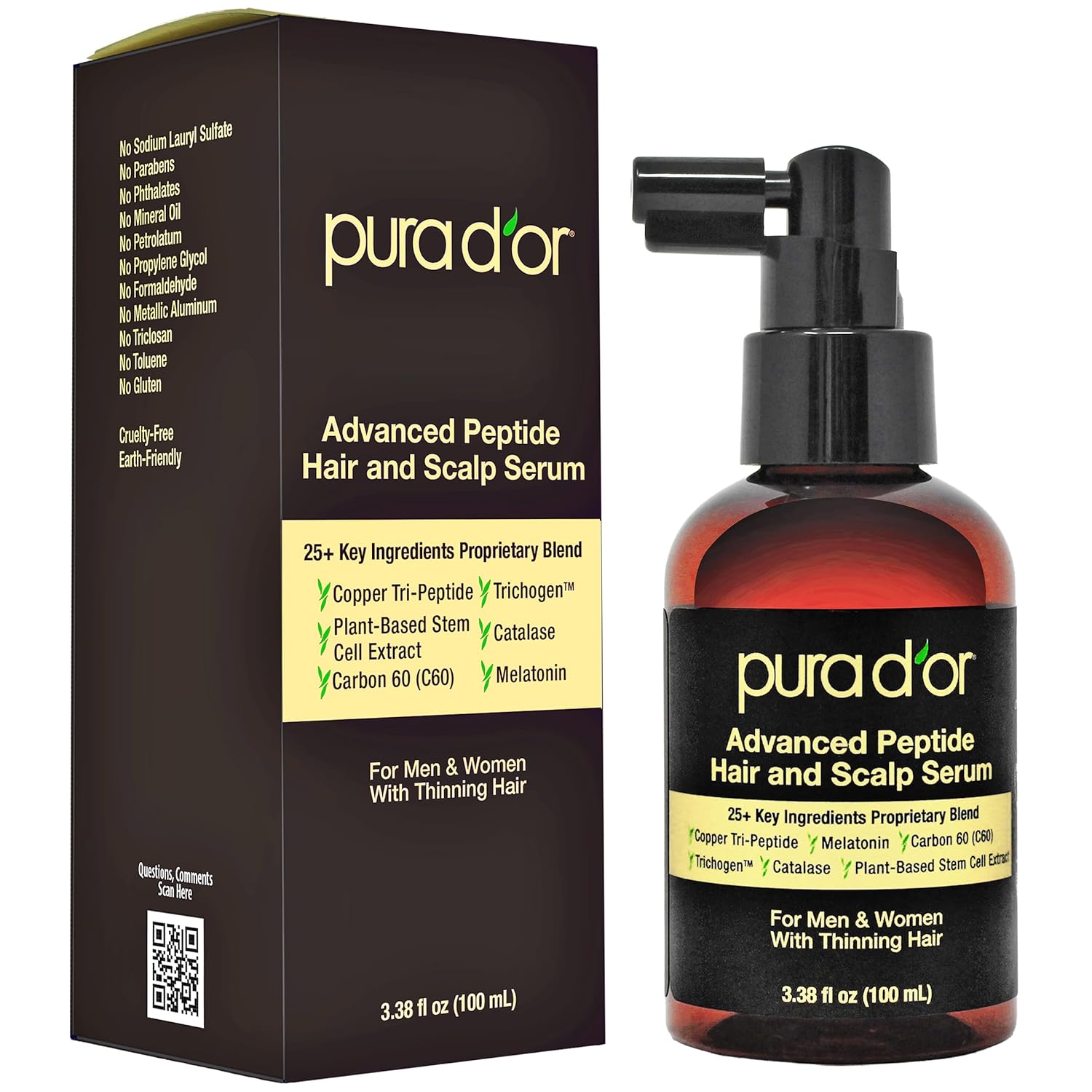 PURA D'OR Advanced Hair & Scalp Serum 3.38 oz – Hair Thinning Treatment, Copper Tri-Peptide, Caffeine, Botanical Extract Blend, Fuller Appearance Strands – Vegan, Cruelty-Free Formula for Men & Women