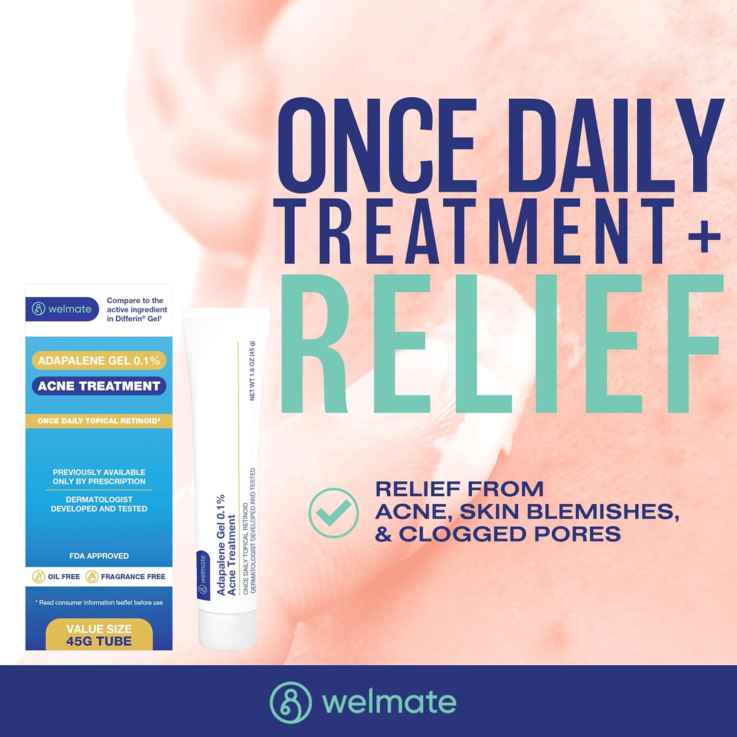 WELMATE Adapalene Gel 0.1% Acne Treatment, Retinoid for Face, Helps Clear Blackheads, Pimples & Clogged Pores, Dermatologist Developed, Oil Free & Fragrance Free, 90 Day Supply, 1.6 oz - Image 4