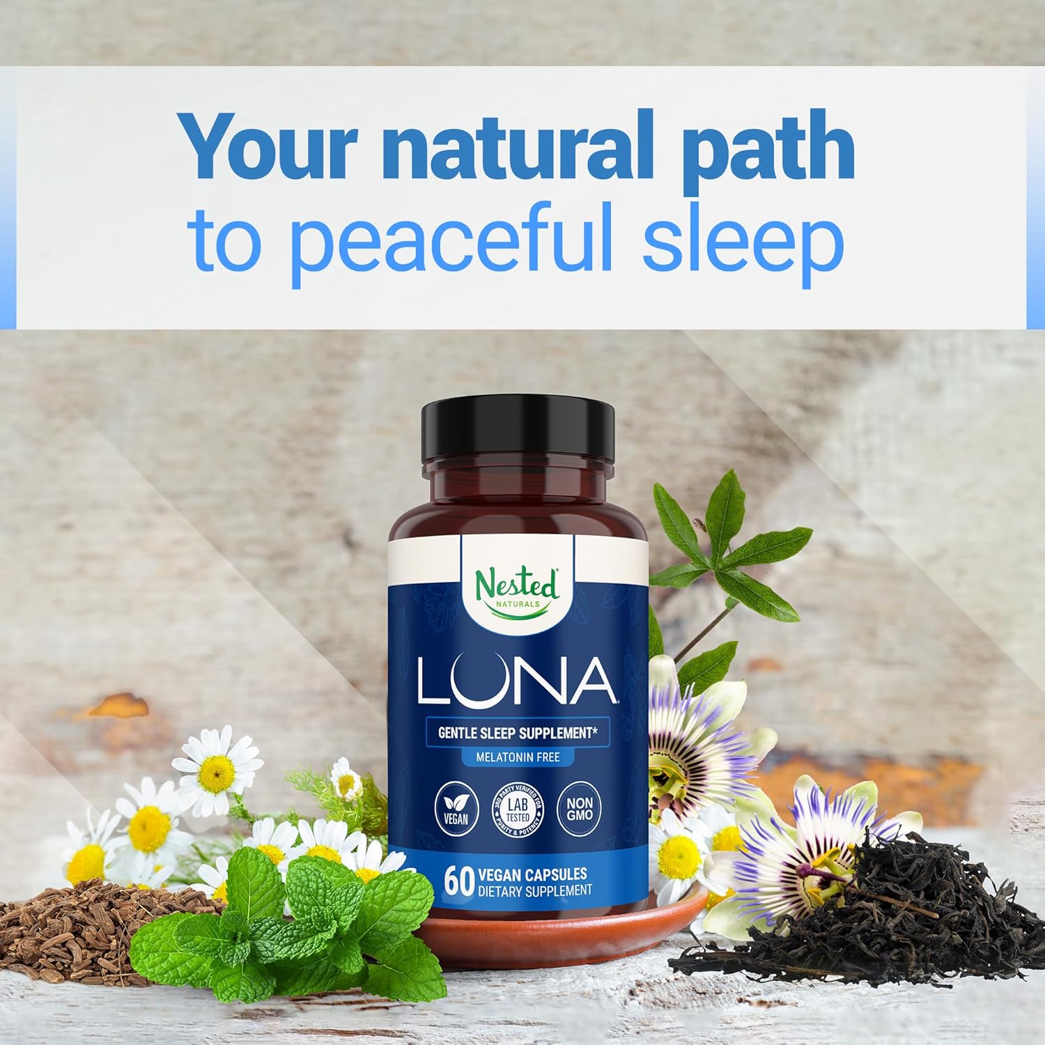 Nested Naturals Luna Melatonin-Free Sleep Supplement - Non-Habit Forming Herbal Sleep Supplement, Adult Bedtime Support, Help Sleeping w/Chamomile, Valerian, L-Theanine - 60 Vegan Capsules - Image 5
