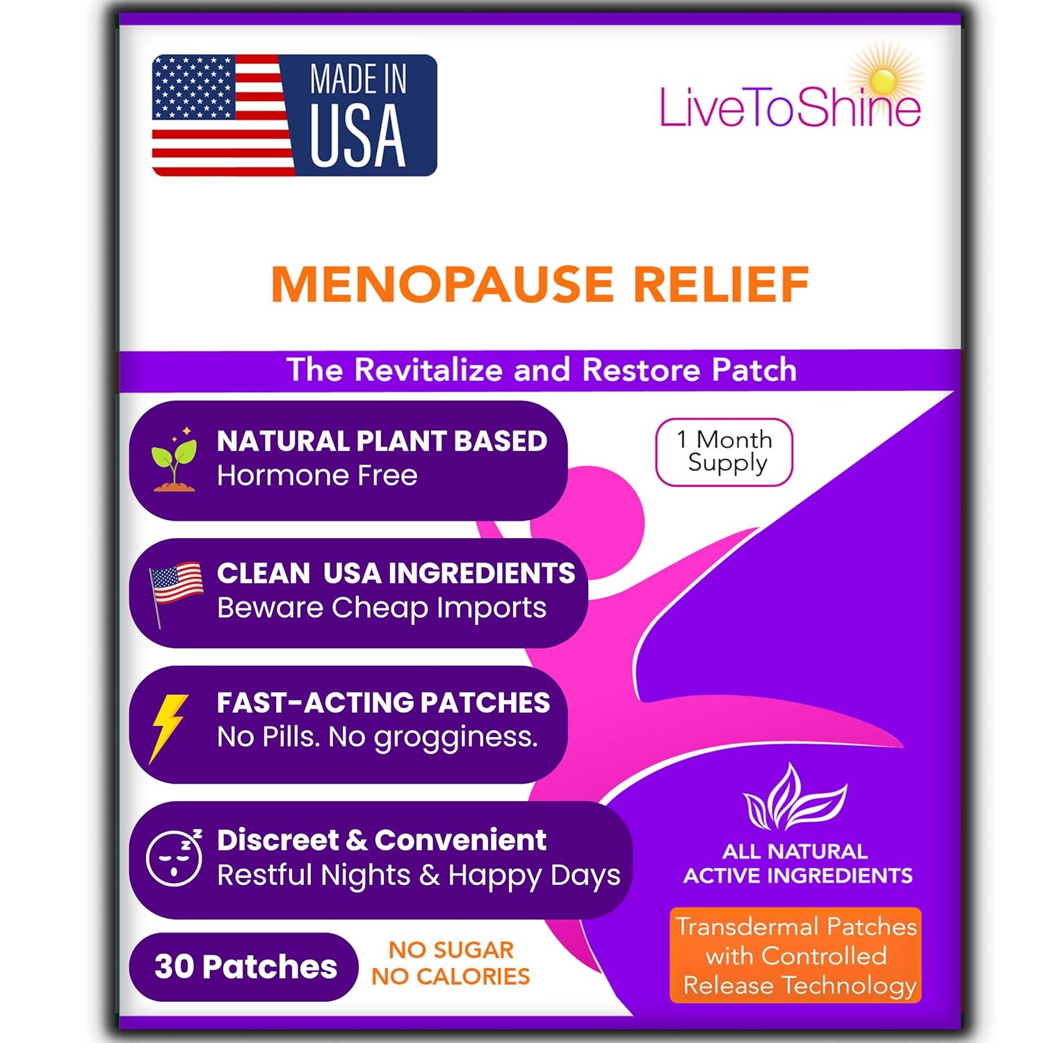 Menopause & Perimenopause Relief Patch for Women – Hot Flash, Mood & Symptom Support – Black Cohosh, Ashwagandha & More – 30 Topical Patches – USA Made by Live to Shine
