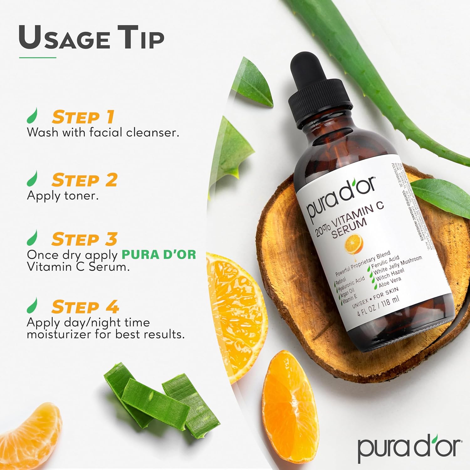 PURA D'OR 20% Vitamin C Facial Serum 4 Oz Antioxidant Blend w/Retinol, Hyaluronic Acid, Vitamin E, Ferulic Acid - Hydrating Lightweight Skincare Formula - Men Women Daily Use After Bath Oil Skin Care - Image 6