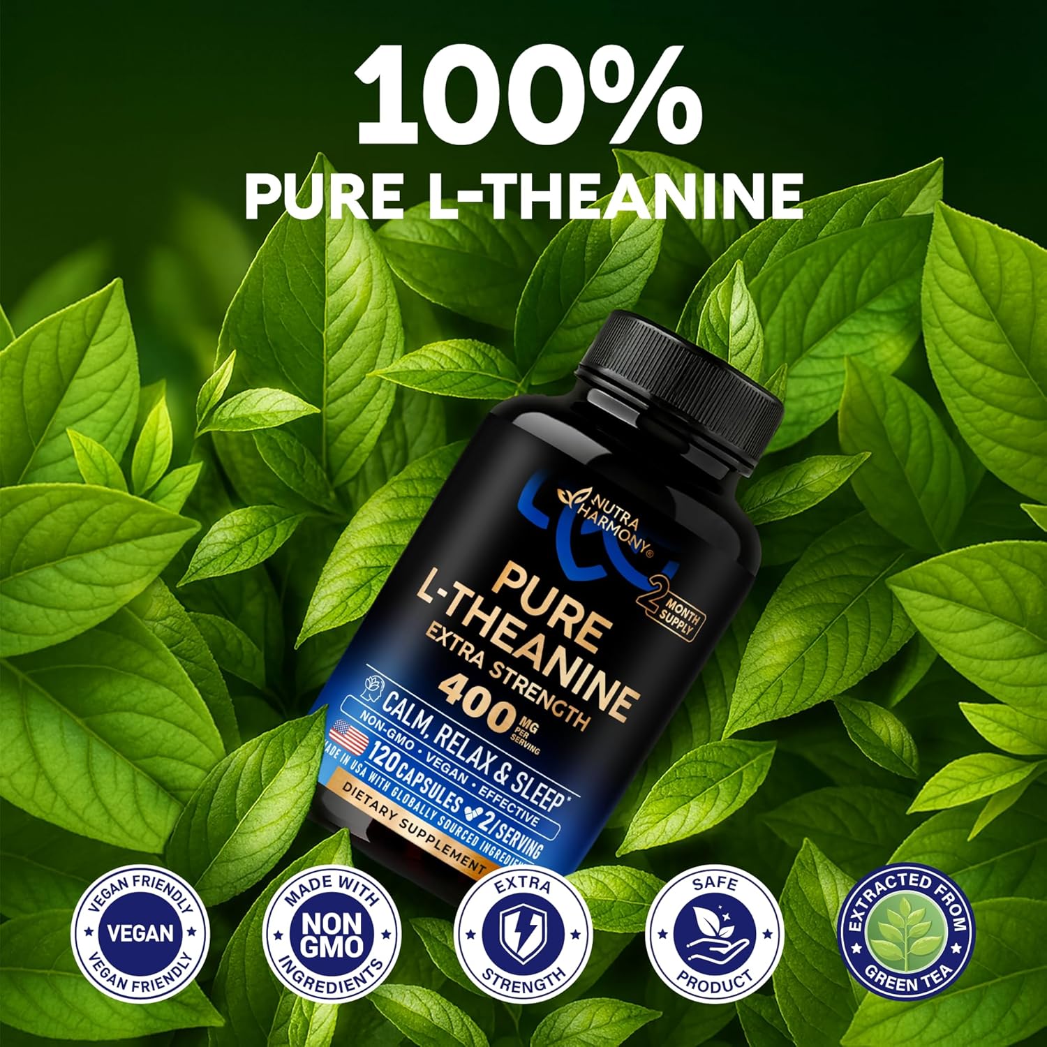L Theanine 400 mg | L-Theanine Stress Relief | Extra Strength Supplement | Lab Tested | Relaxation, Sleep & Calm Support | For Men & Women | Plant Based, Non-GMO & Gluten-Free | 120 Vegan Capsules - Image 4
