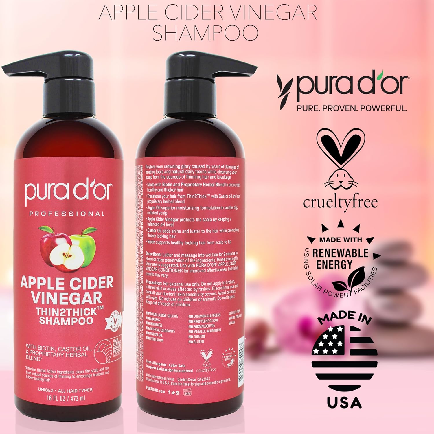PURA D'OR Apple Cider Vinegar Thin2Thick Shampoo - Biotin, Castor Oil for Reduced Frizz, Split Ends, Clarifying & Detox, No Parabens, No Sulfates, All Hair Types, Men & Women 16 Fl Oz - Image 4