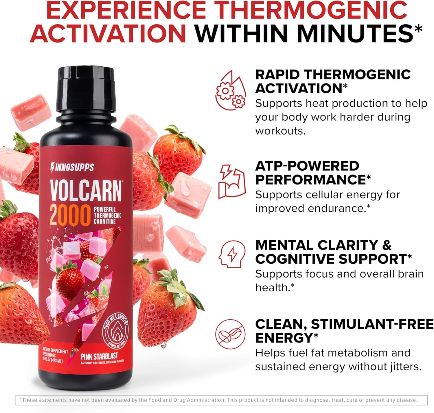 InnoSupps Volcarn 2000 - L-CARNITINE Pre-Workout Advanced Energy Liquid ATP Enhancer w/GBEEC Boosts Energy, Enhances Focus, Cognition & Supports Fat Metabolism, 32 Servings - Pink Starblast Flavor - Image 4
