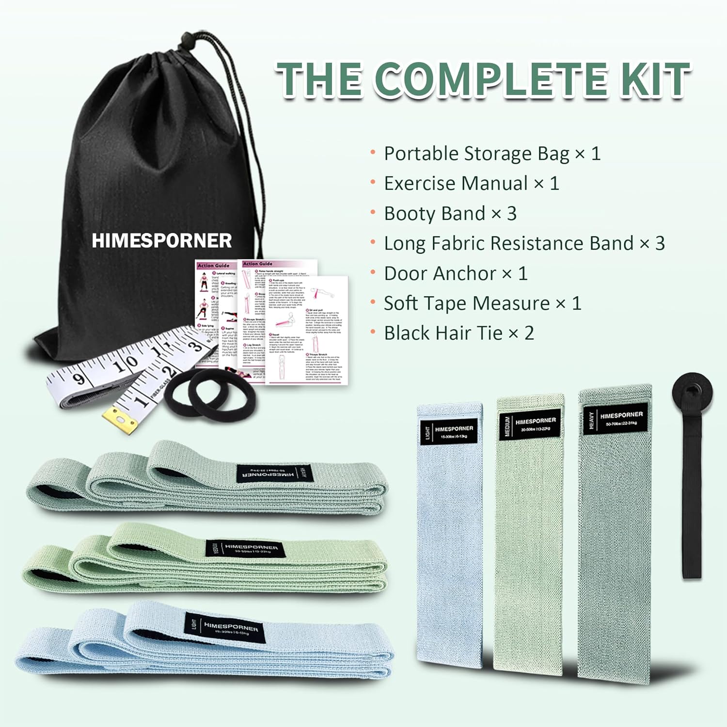 HIMESPORNER 9 PCS Fabric Resistance Bands Set for Working Out, Non-Slip Exercise Booty Bands for Women & Men Leg and Glutes with Hair Ties and Tape Measure - for Home Gym Workout, Yoga, Pilates - Image 8