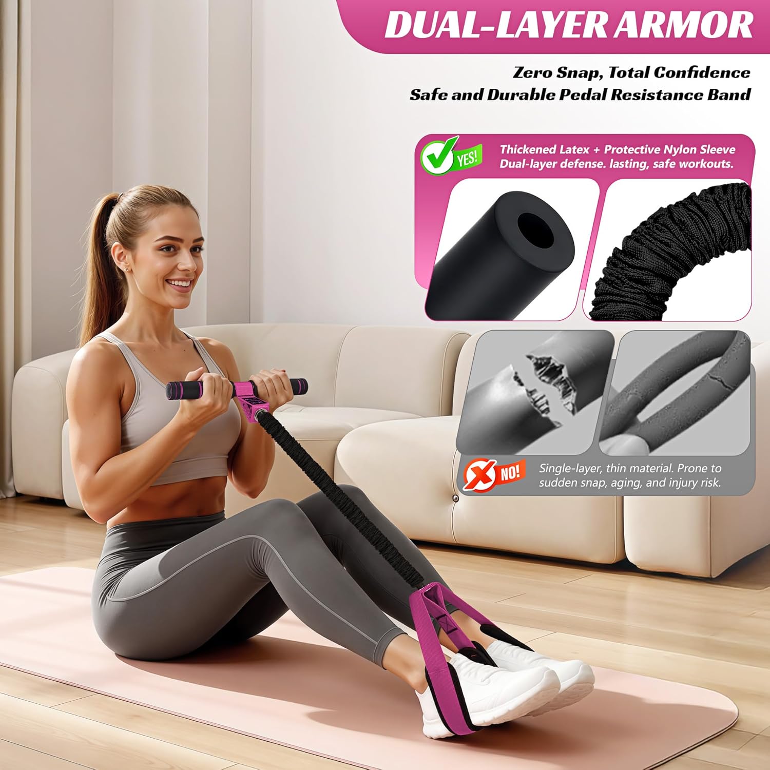 HOXWC Upgraded Multifunction Pedal Resistance Band with Handle, 50LBS Thickened Resistance Bands for Core/ABS, Arm, Waist, Abdomen, Leg Workout, Portable Sit Up Exercise Equipment for Women - Image 3