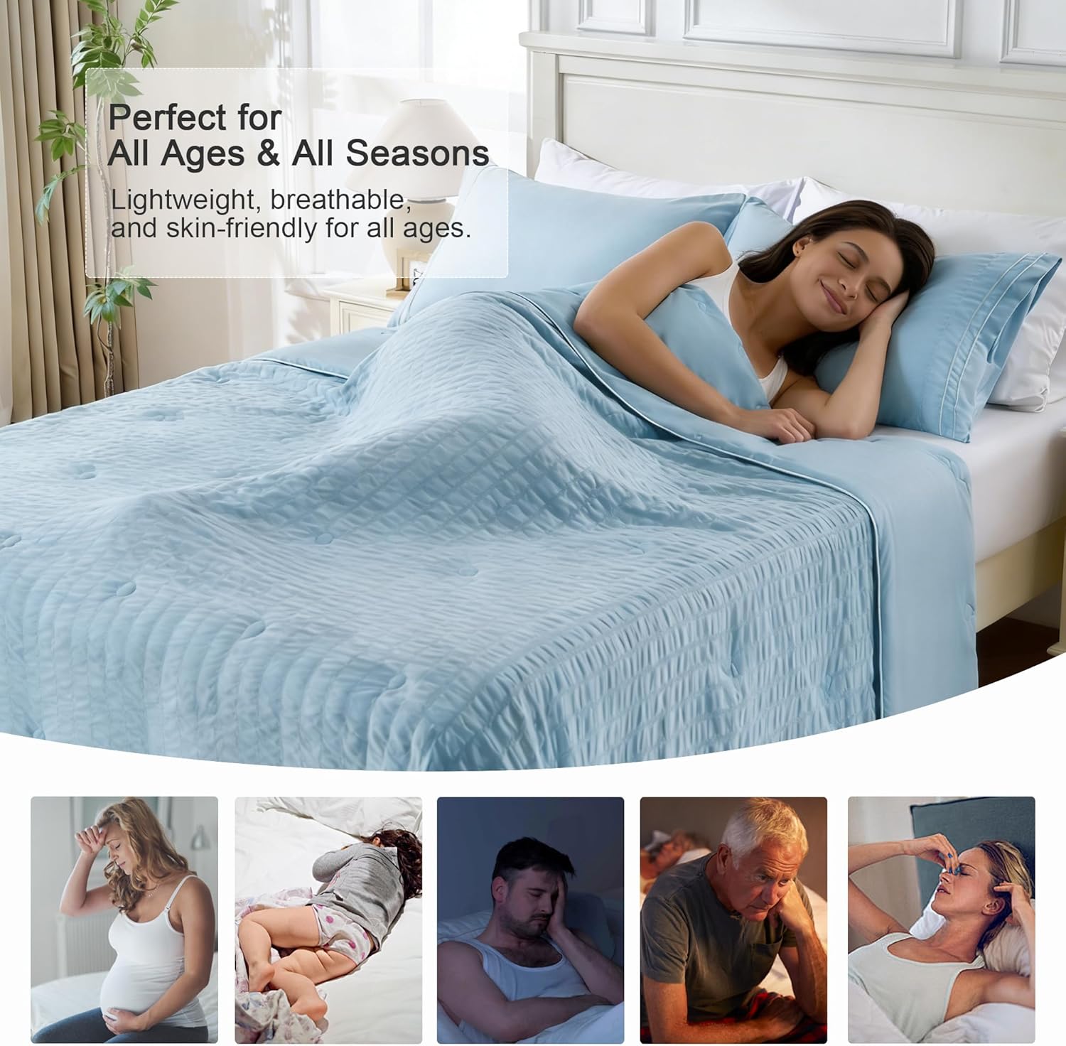 Cooling Comforter King Size 104"x90", Seersucker Reversible Lightweight Summer Comforter, Q-Max>0.4 Breathable Cooling Blanket for Hot Sleepers Night Sweats & Menopause, All Season Bedding, Blue - Image 5