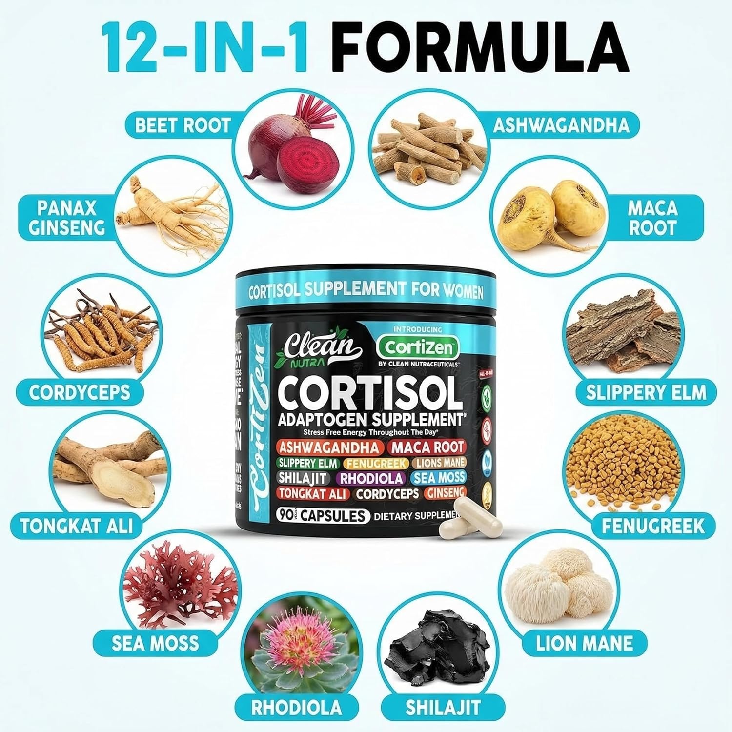 Clean Nutra Cortisol Supplements For Women | Maca Root Ashwagandha Cortisol Detox Manager Reducer + Slippery Elm Fenugreek Lions Mane Shilajit Rhodiola Sea Moss Tongkat Ali Cordyceps Ginseng Beet Root - Image 4