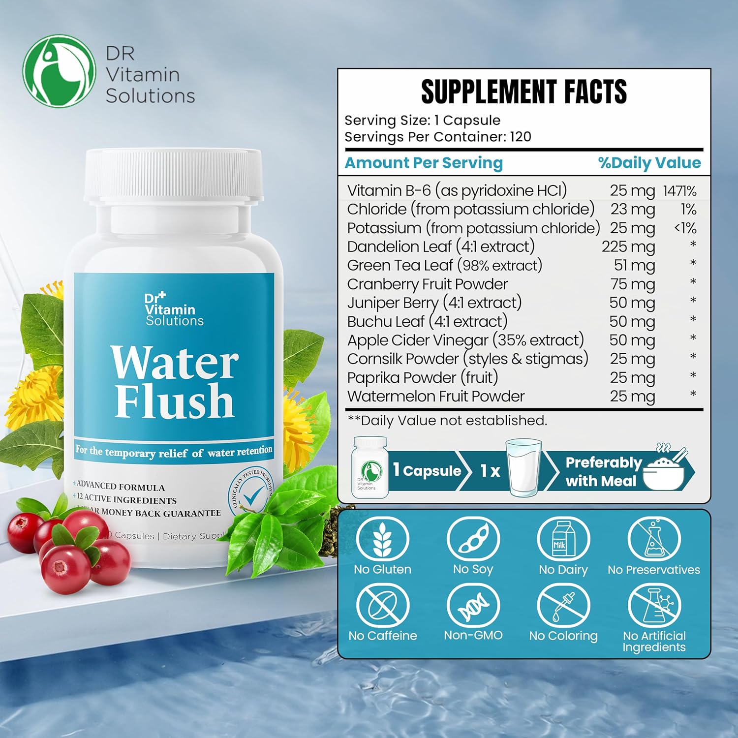 Diuretic Water Pills for Weight Control - Instant Relief from Bloat and Swelling - Green Tea, Cranberry, Dandelion Leaf Extract - Water Retention Pills for Women & Men, 120 Caps - Image 2