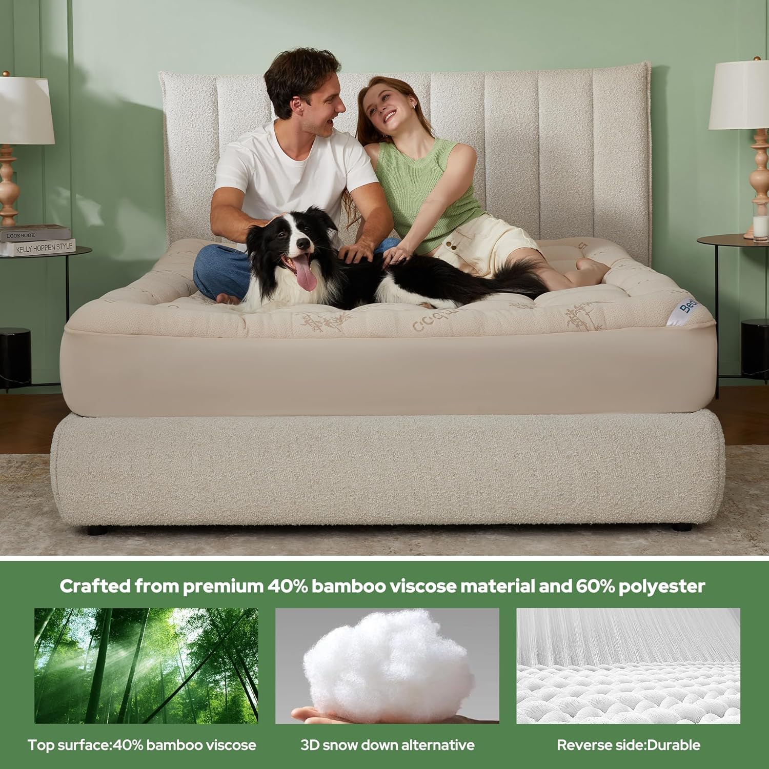 BEDLORE Full Size Mattress Topper Viscose Derived from Bamboo, Thick Pillow Top Mattress Pad with Stretchable Pockets for 6"-15" Mattress, Breathable Mattress Topper for Back Pain Relief(Beige) - Image 3