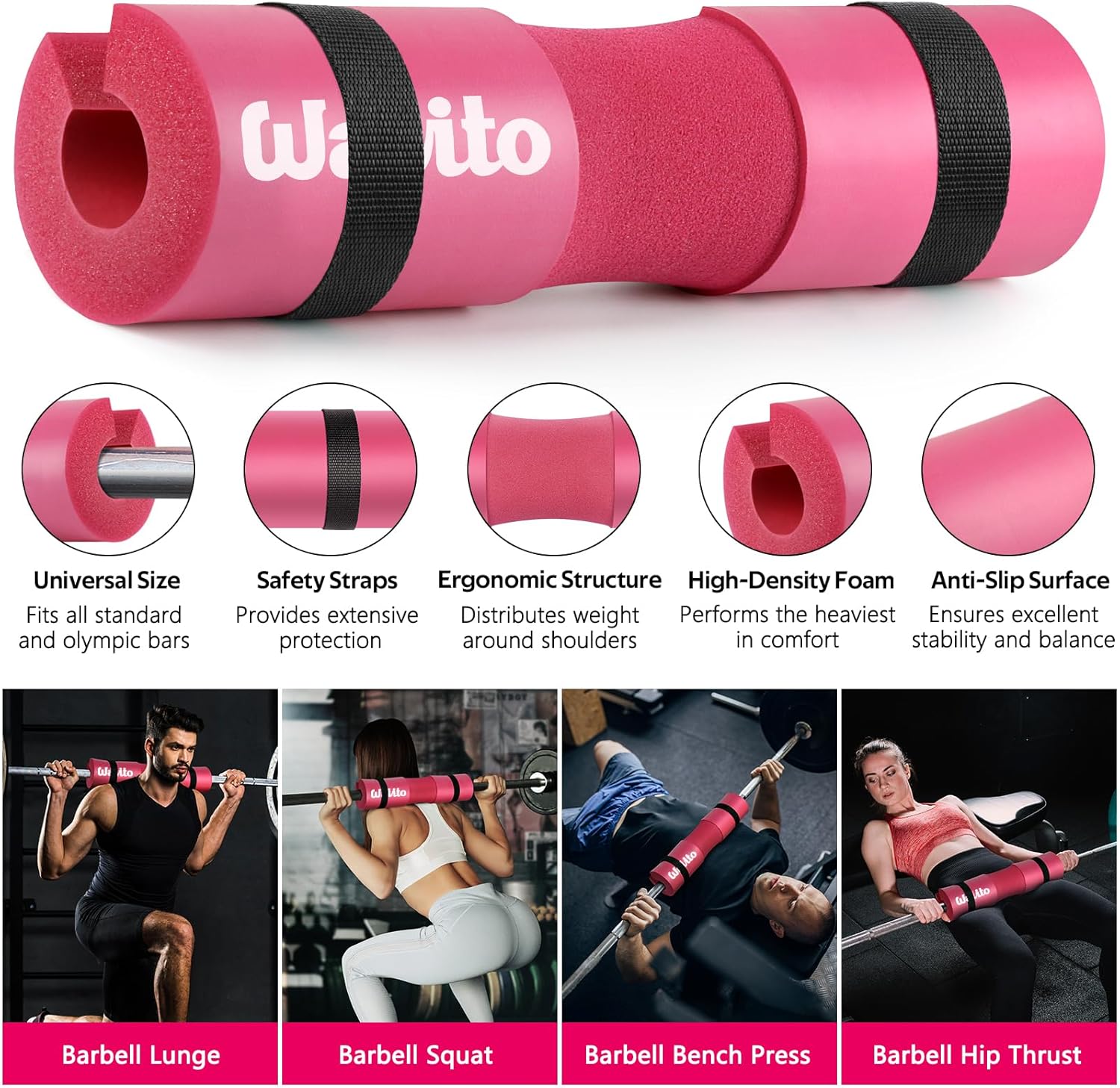 WALITO 8Pcs Barbell Pad Set for Hip Thrust - Squat Pad,Gym Accessories for Women with Bar Bad,Bench Press, with Gym Ankle Straps,Resistance Bands for Working Out,Lifting Strap,Carry Bag - Image 3