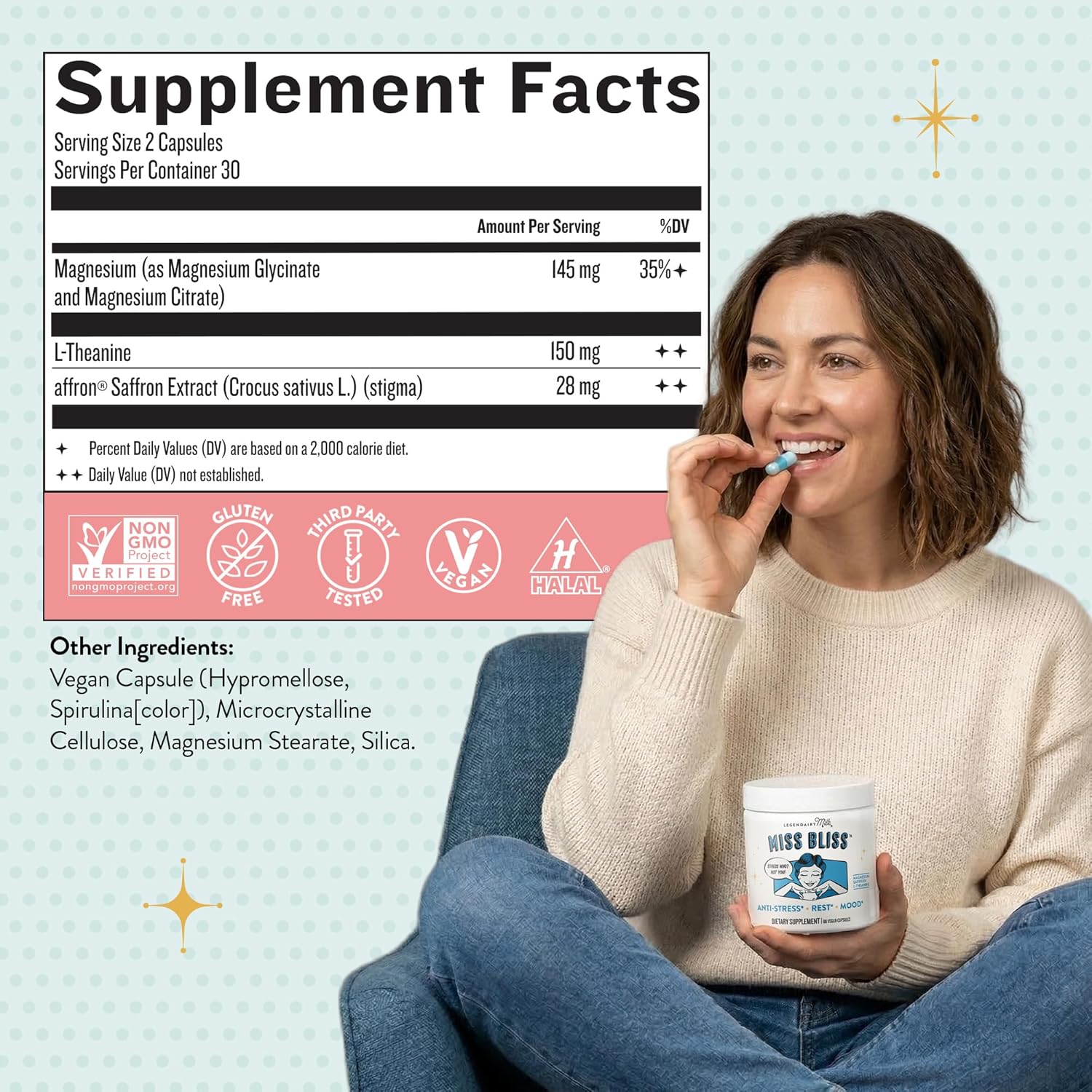 Legendairy Milk Miss Bliss™ Stress Support for Women – Stress Relief Supplement with affron® Saffron, Magnesium Glycinate + Citrate & L-Theanine – Calm & Mood Balance, Non-Drowsy, 60 Vegan Capsules - Image 6