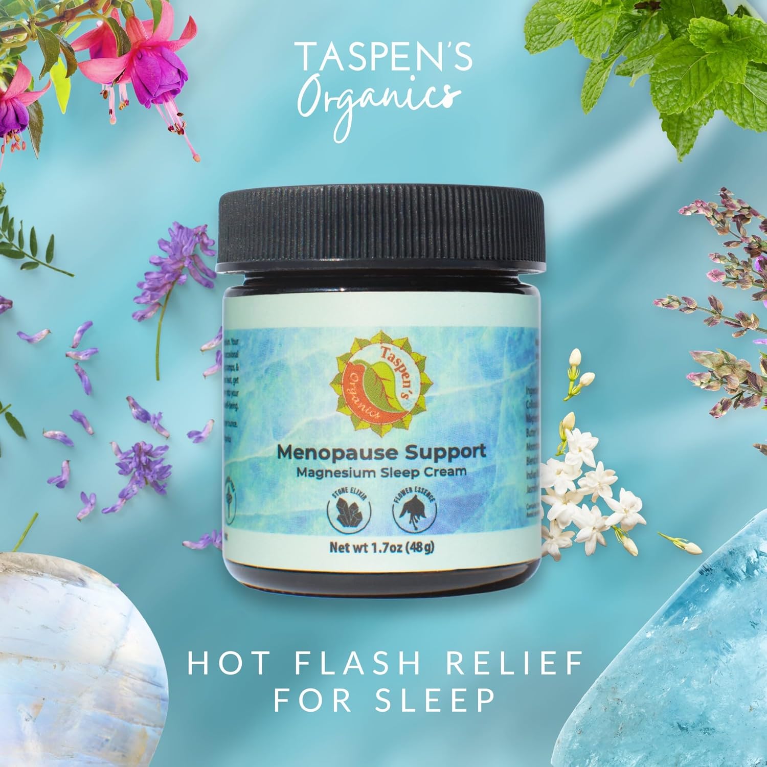 Taspen's Organics Menopause Support Magnesium Sleep Cream – Natural Cooling Relief for Hot Flashes & Night Sweats | Promotes Relaxation & Sleep | Flower Essence & Botanical Formula (1.7 oz) - Image 6