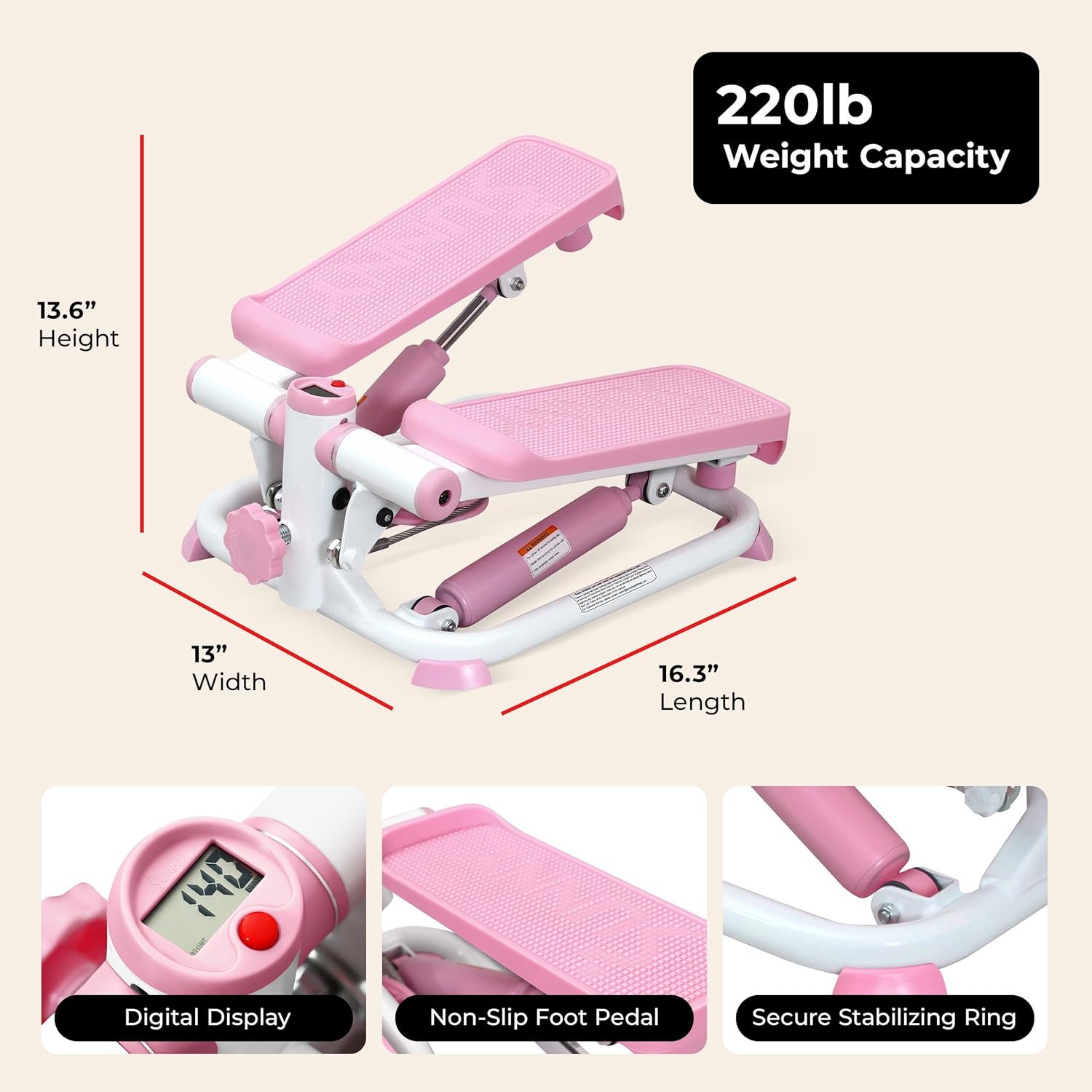 Sunny Health & Fitness Mini Steppers with Digital Monitor and Resistance Bands, Compact Low-Impact Cardio Machines for Home Workouts - Image 6