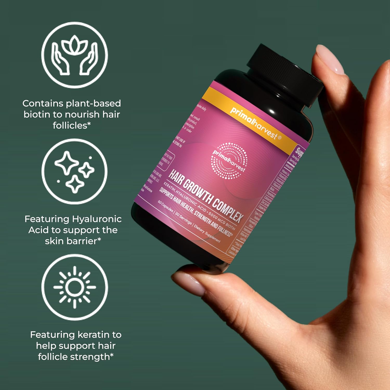 Primal Harvest Hair Growth Vitamins, Hair Growth for Women & Men - 60 Hair Growth Pills, Natural Hair Thickening Products for w/Biotin & Zinc - Hair Supplement, Regrowth Hair Vitamins - Image 6