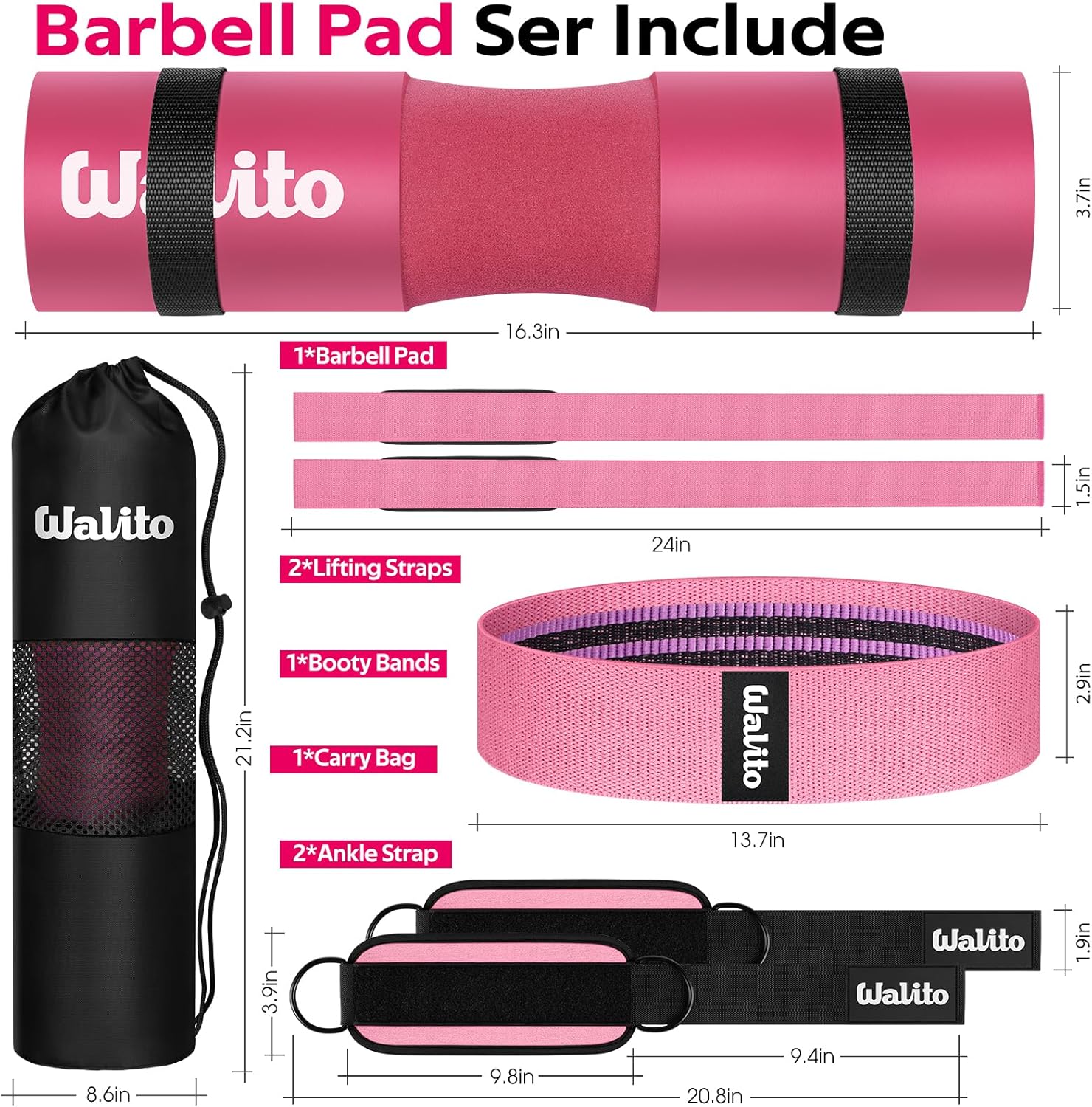 WALITO 8Pcs Barbell Pad Set for Hip Thrust - Squat Pad,Gym Accessories for Women with Bar Bad,Bench Press, with Gym Ankle Straps,Resistance Bands for Working Out,Lifting Strap,Carry Bag - Image 2