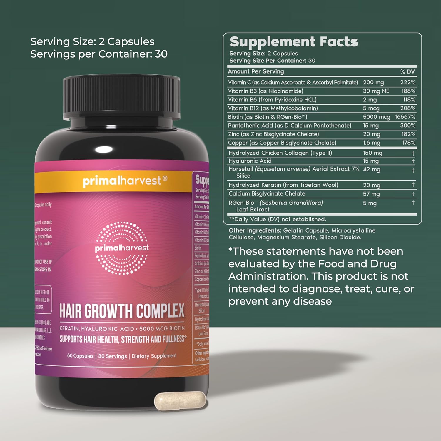 Primal Harvest Hair Growth Vitamins, Hair Growth for Women & Men - 60 Hair Growth Pills, Natural Hair Thickening Products for w/Biotin & Zinc - Hair Supplement, Regrowth Hair Vitamins - Image 2