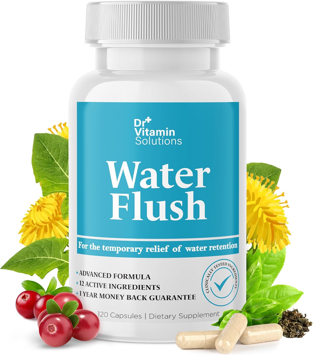 Diuretic Water Pills for Weight Control - Instant Relief from Bloat and Swelling - Green Tea, Cranberry, Dandelion Leaf Extract - Water Retention Pills for Women & Men, 120 Caps