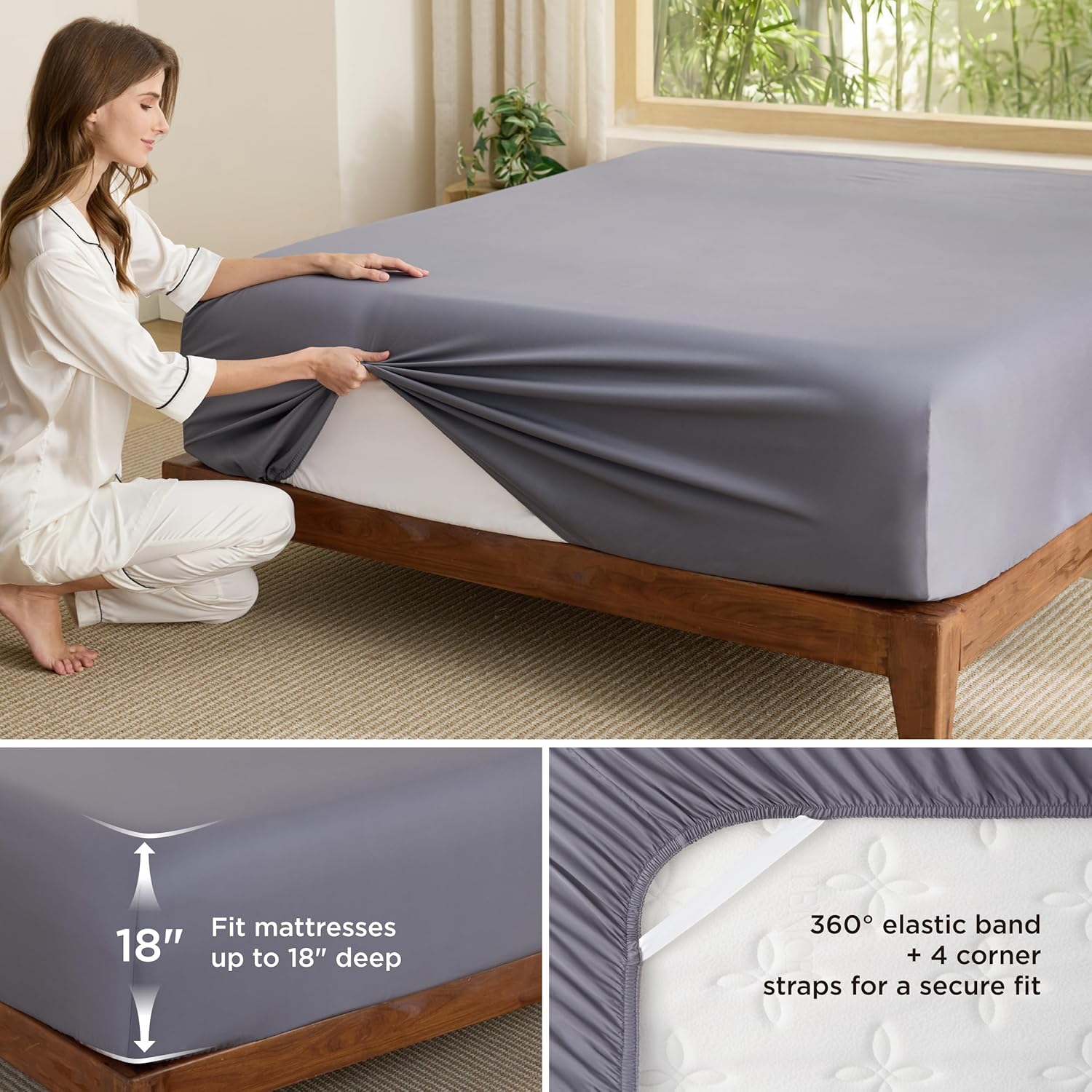Bedsure Queen Fitted Sheet Only, 100% Rayon Derived from Bamboo, Breathable & Soft, PureWoven Cooling Bottom Sheet for Hot Sleepers, Deep Pocket Up to 18", with 4 Elastic Corner Straps, Grey - Image 3