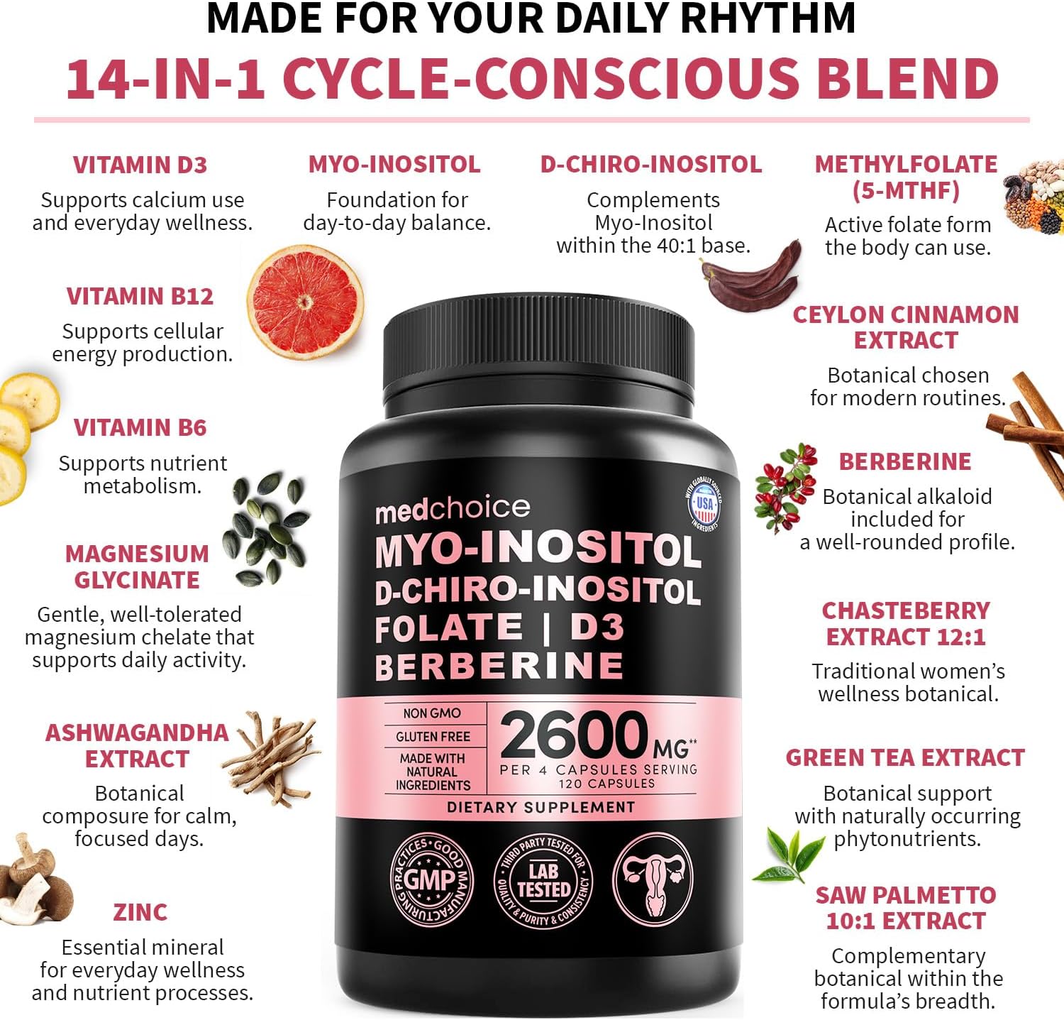 14-in-1 Women’s Inositol Complex Supplement – 40:1 Myo & D-Chiro Inositol with Folate, Vitamin D3, Zinc, Magnesium & Botanicals for Hormone & Feminine Wellness Support – (120 Capsules) (Pack of 1) - Image 4