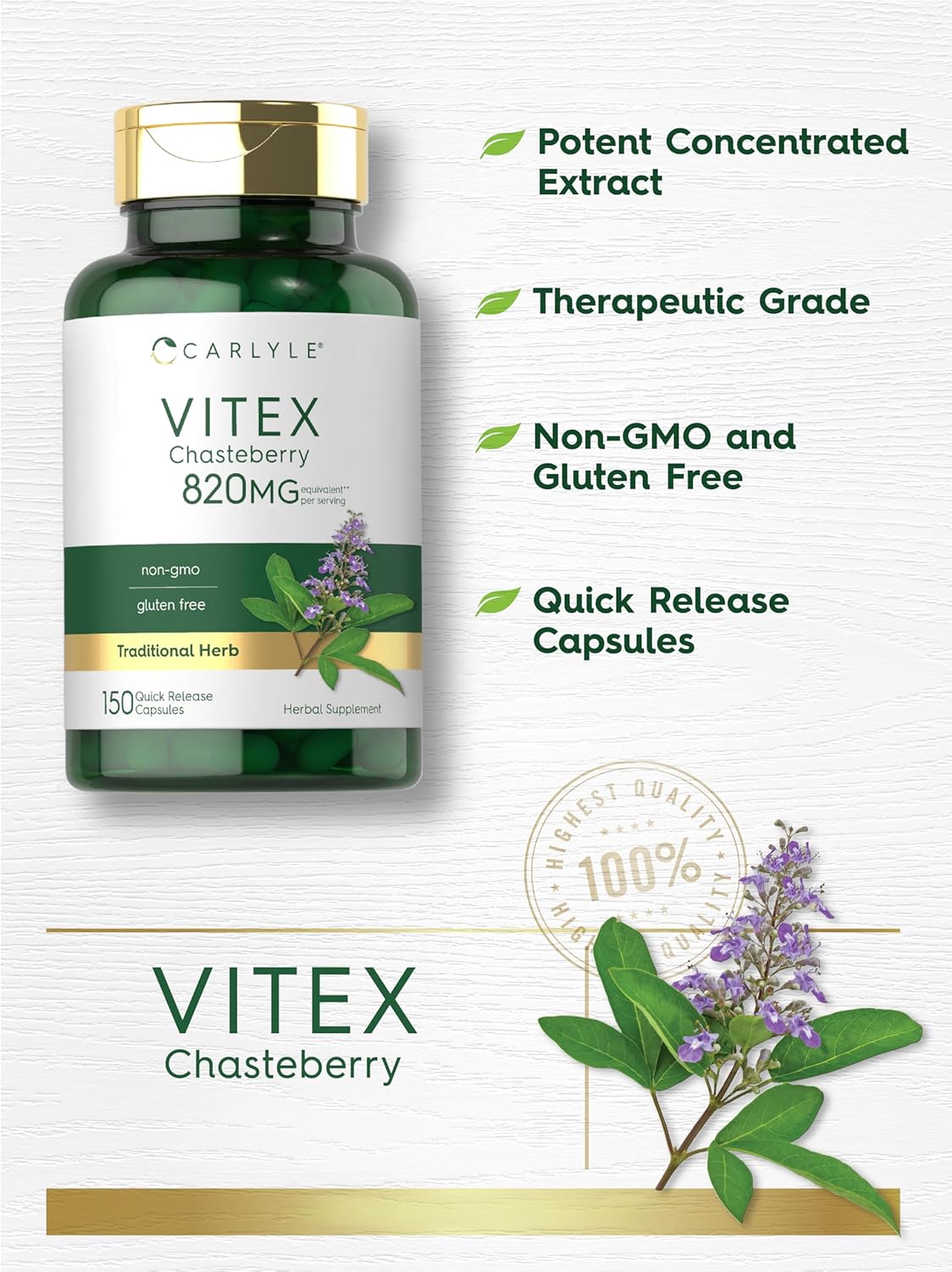 Carlyle Vitex Chasteberry Supplement | 150 Capsules | Vitex Agnus-Castus Fruit for Women | Non-GMO, Gluten Free - Image 4