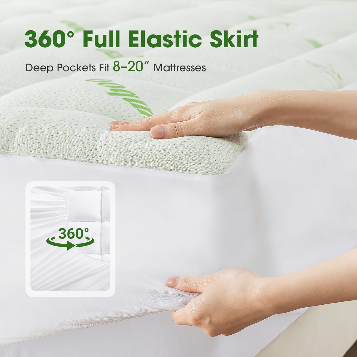 Mattress Pad Queen Size, Cooling Pillow Top Mattress Topper, Ultra Soft Viscose Made from Bamboo, Breathable for Hot Sleepers, Deep Pocket 8"-20", Green - Image 5
