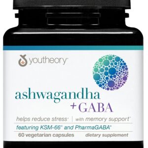 Youtheory Ashwagandha + GABA - Adaptogenic Blend with Organic KSM-66 & Ginger - Aids Stress Relief & Mood* - Supports Energy Levels* - 60 Vegetarian Capsules (30-Day Supply)