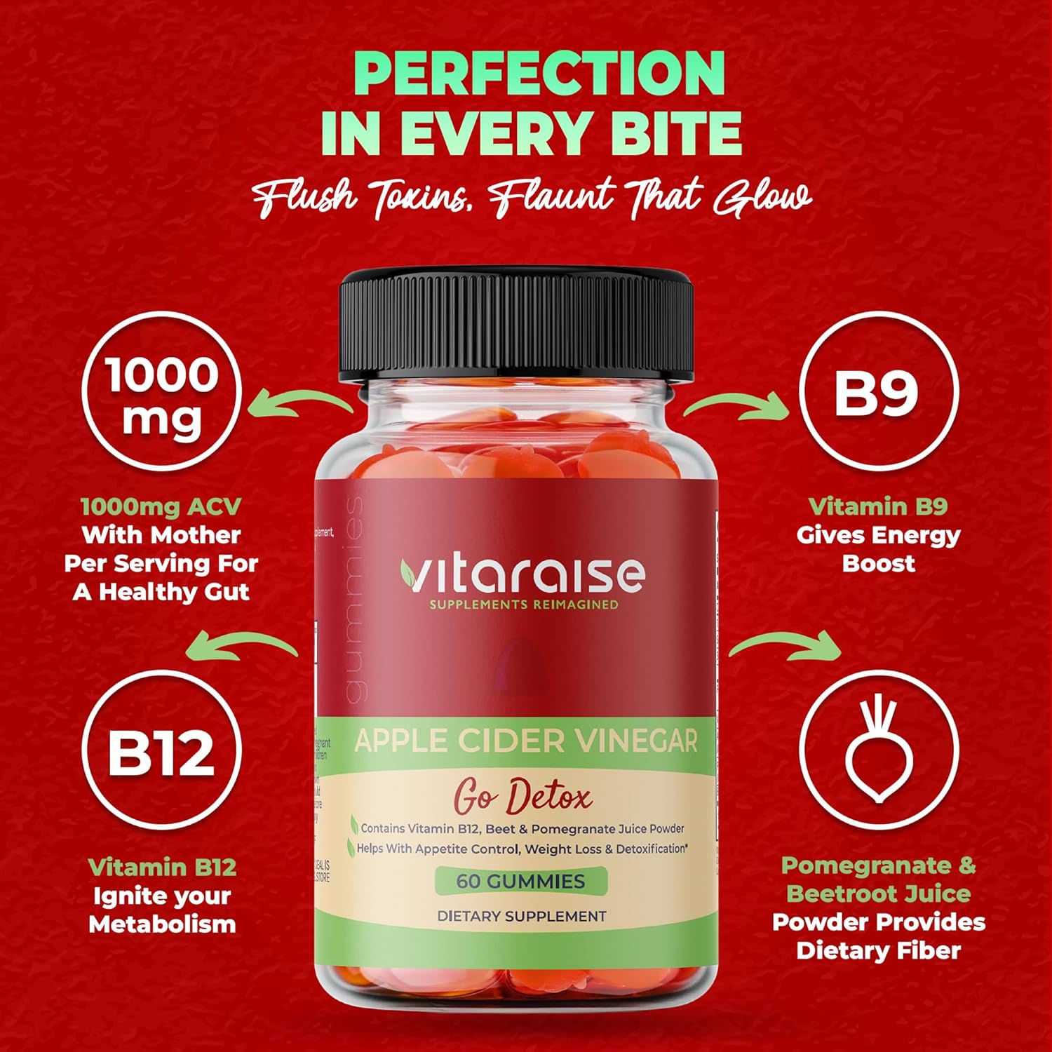 Apple Cider Vinegar Gummies - ACV with Mother Gummies for Weight Loss - Detox & Digestion Support - 1000mg - Keto ACV Gummies B9 & B12 - Metabolism Booster - Vegan, Non-GMO, Gluten-Free - 60 Chews - Image 2