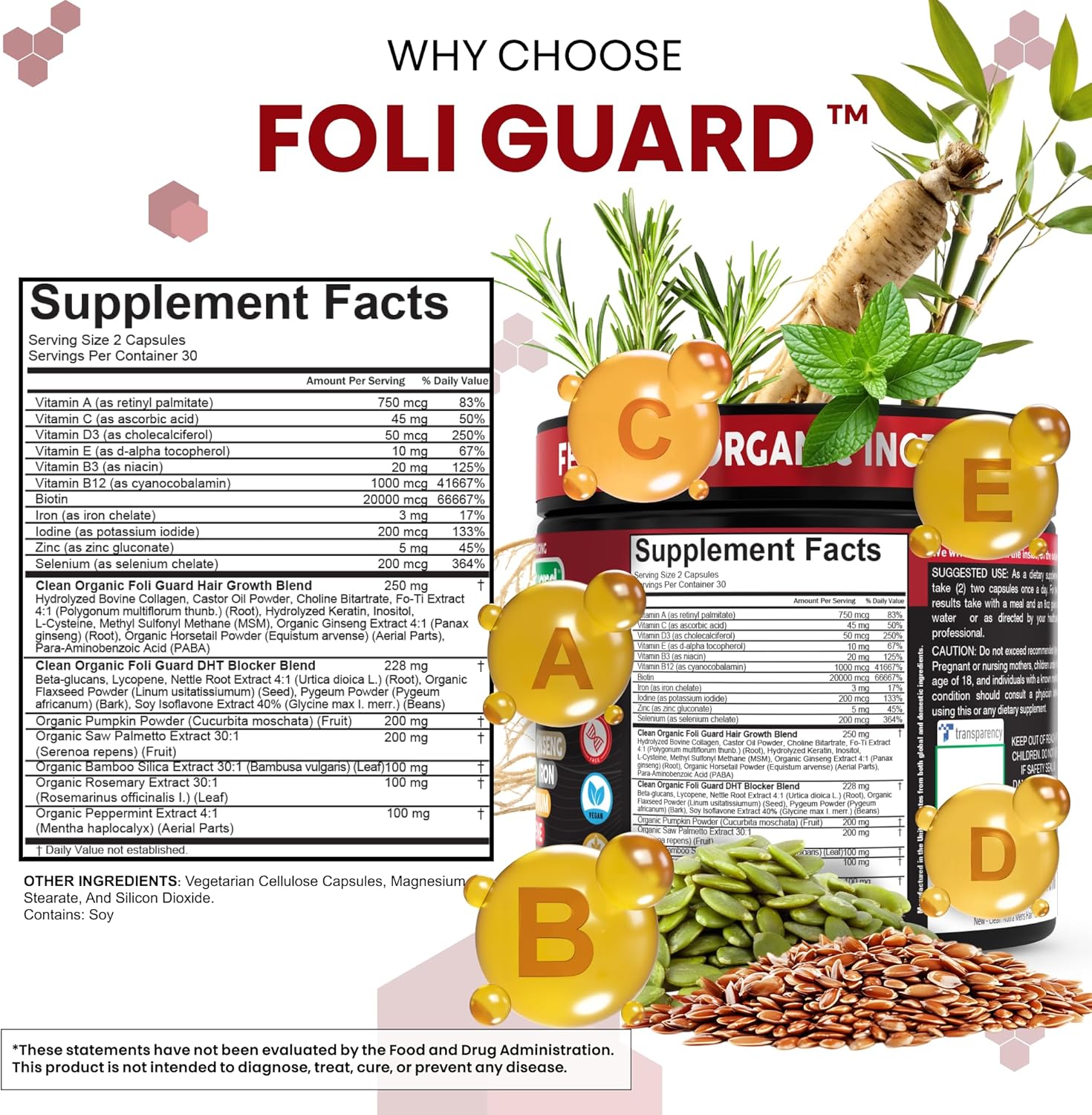 Hair Growth Supplement For Men | Biotin Hair Vitamins Collagen Pumpkin Seed Saw Palmetto Iron Ginseng Bamboo Silica Rosemary Peppermint Keratin Selenium Iodine Flaxseed Horsetail Vitamin A C D3 E B12 - Image 5