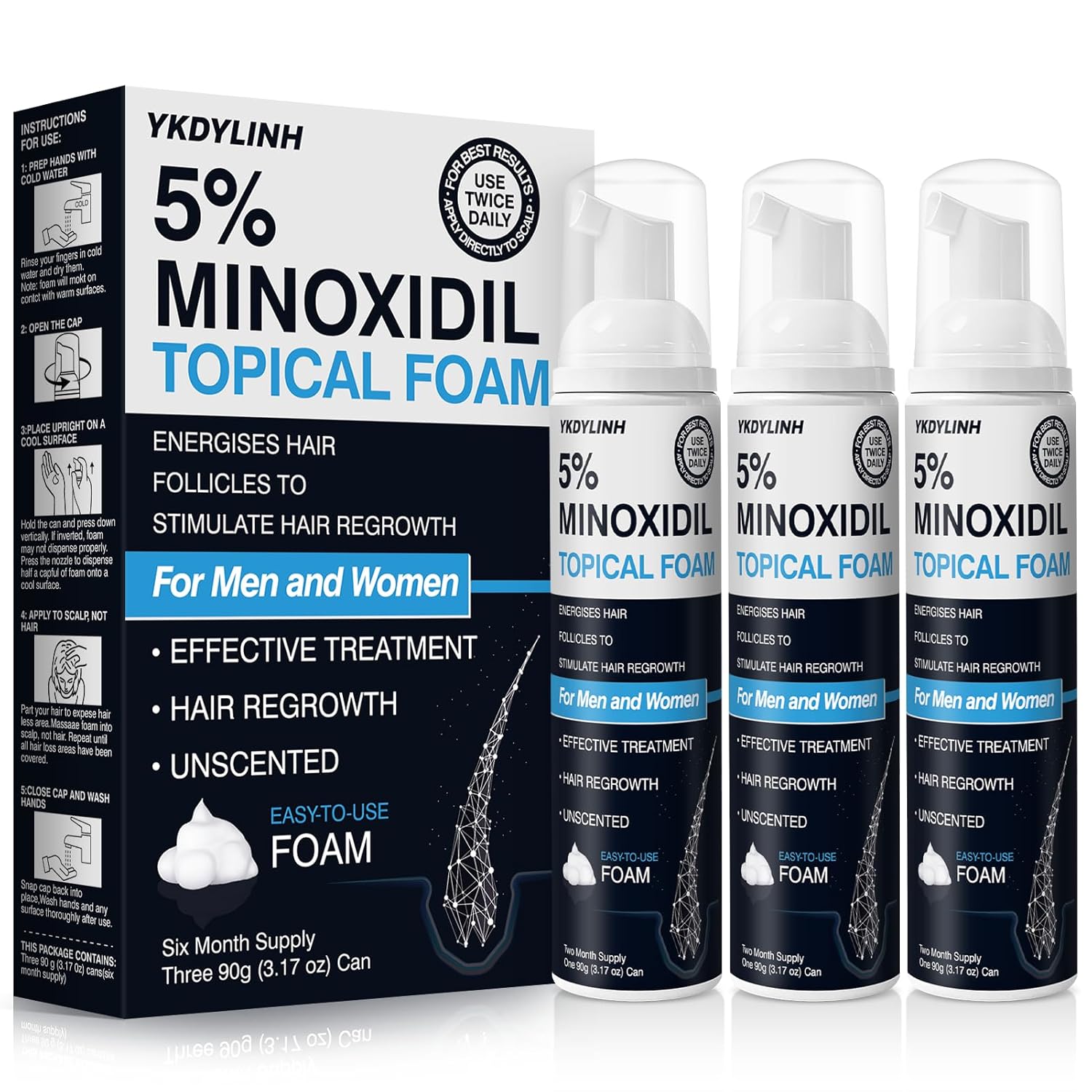 5% Minoxidil Foam– Hair Regrowth Treatment for Men & Women, Prevents Hair Thinning & Strengthens Roots, Minoxidil Foam for Fuller, Healthier Hair,9.52 Ounce (Pack of 1)