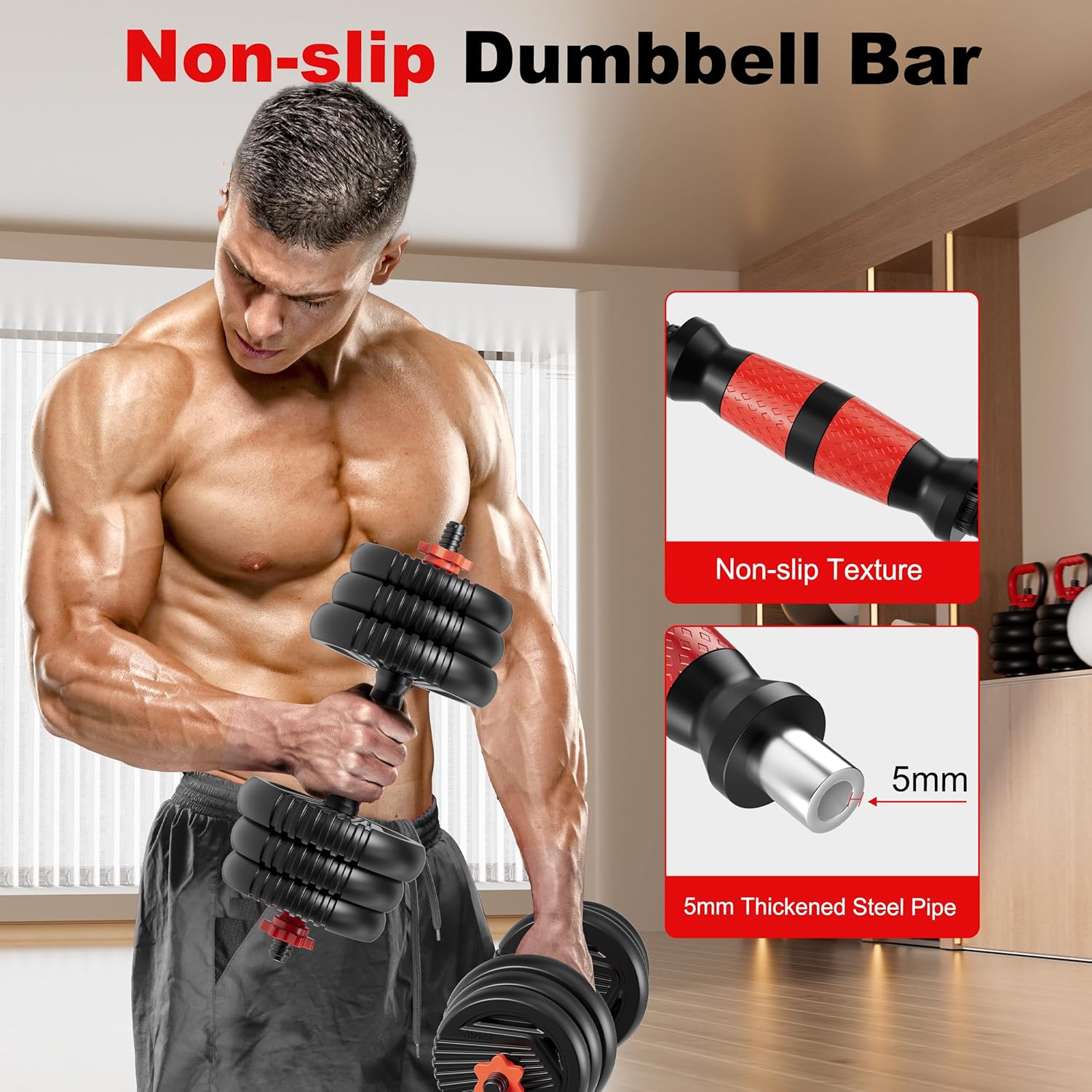 Adjustable Dumbbell Set, 10/20/30/45/70/90lbs Free Weight Set with Connector, 5 in1 Dumbbells Set Used as Barbell, Kettlebells, Push up Stand,Weight Plate, Fitness Exercises for Home Gym Suitable Men/Women - Image 9