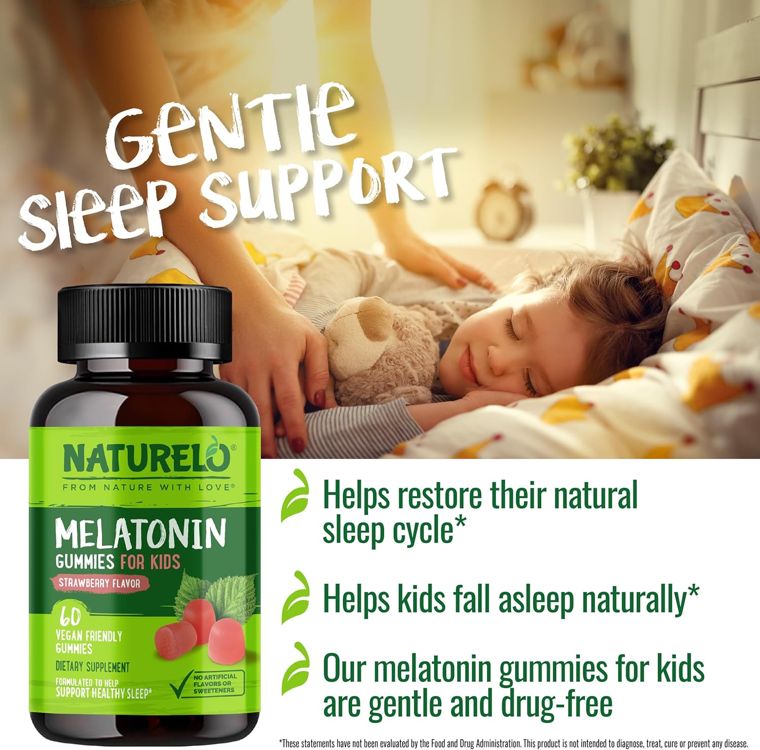 NATURELO Melatonin Gummies for Kids Non-GMO, Gluten-Free, Soy Free - Strawberry Flavor - Gentle Sleep Supplement - 60 Vegetarian Gummies - Image 4