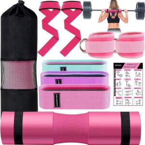 SINYWAY Barbell Pad Set for Squat,10 PCS Hip Thrusts Workout Foam Weight Lifting Bar Cushion with 2 Gym Ankle Straps,3 Hip Resistance Bands,2 Lifting Strap,Barbell Pad and Carry Bag