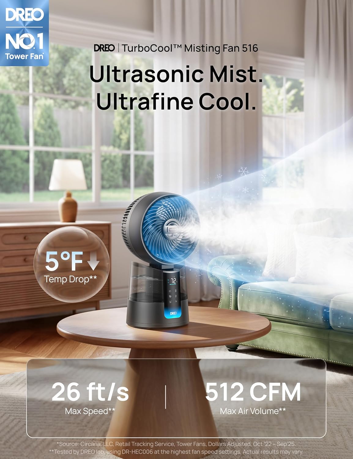 DREO TurboCool Misting Fan 516, 5℉ Drop Cooling Fans that Blow Cold Air, 150°+30° Omni-directional Oscillating, Evaporative air cooler, 26 ft/s Wind, Ultrafine Mist, 20dB Quiet, 6 Speeds 2 Modes, Grey - Image 2