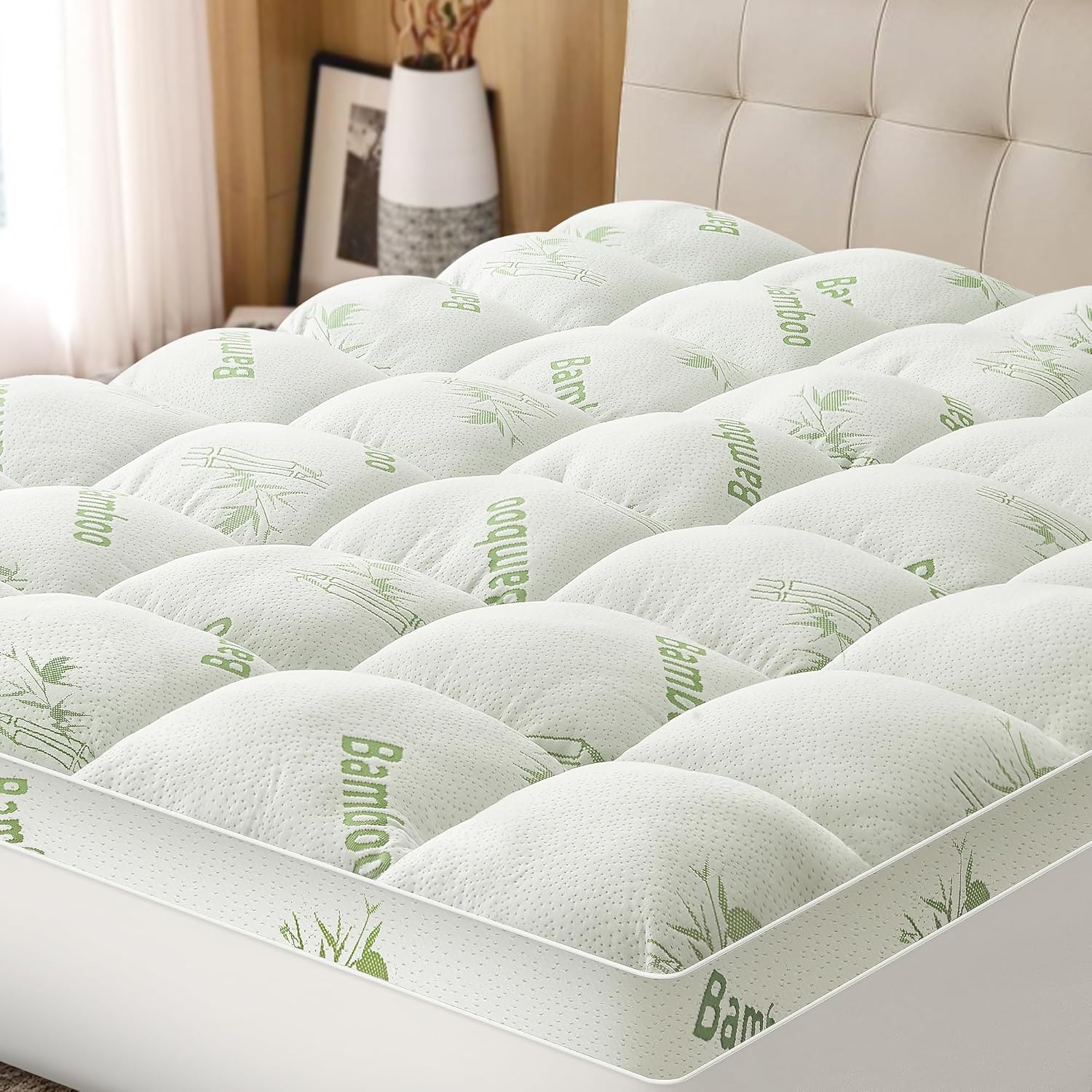 Mattress Topper Queen Size Viscose Derived from Bamboo, Thick Soft Pillow Top Mattress Pad Cover for Back Pain, Mattress Protector with 8-21 Inch Deep Pocket, White