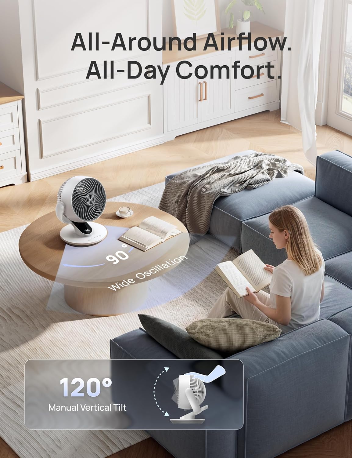 DREO Oscillating Fan for Bedroom, 13 Inch Quiet Table Fans for Home Whole Room, 75ft Powerful Airflow, Desk Air Circulator Fan with Remote, 120° Adjustable Tilt, 4 Speeds, 8H Timer, for Office Desktop - Image 3