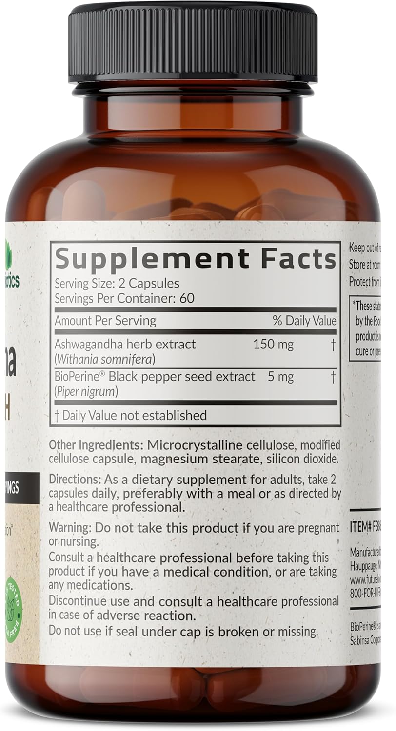 Futurebiotics Ashwagandha Extra Strength Stress & Mood Support with BioPerine - Non GMO Formula, 120 Vegetarian Capsules - Image 2