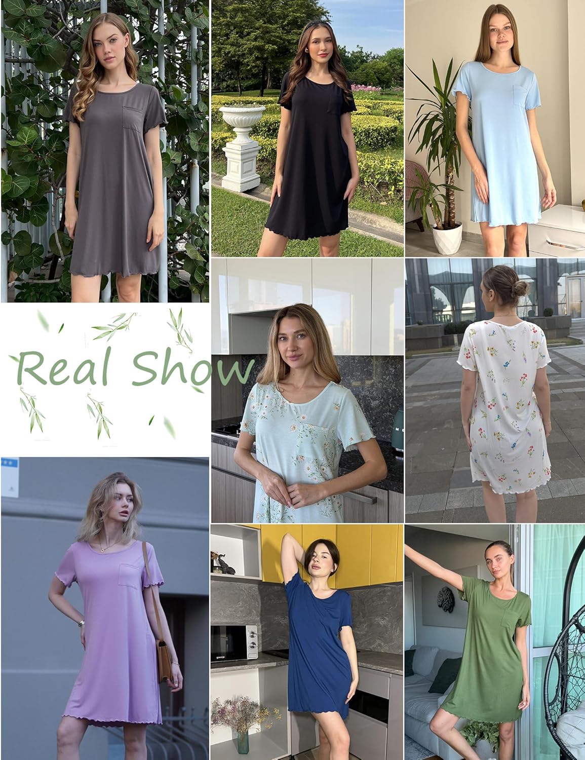 Ekouaer Bamboo Viscose Sleep Shirts for Women Soft Nightgowns Short Sleeve Ruffled Night Shirts with Chest Pocket S-3XL - Image 6