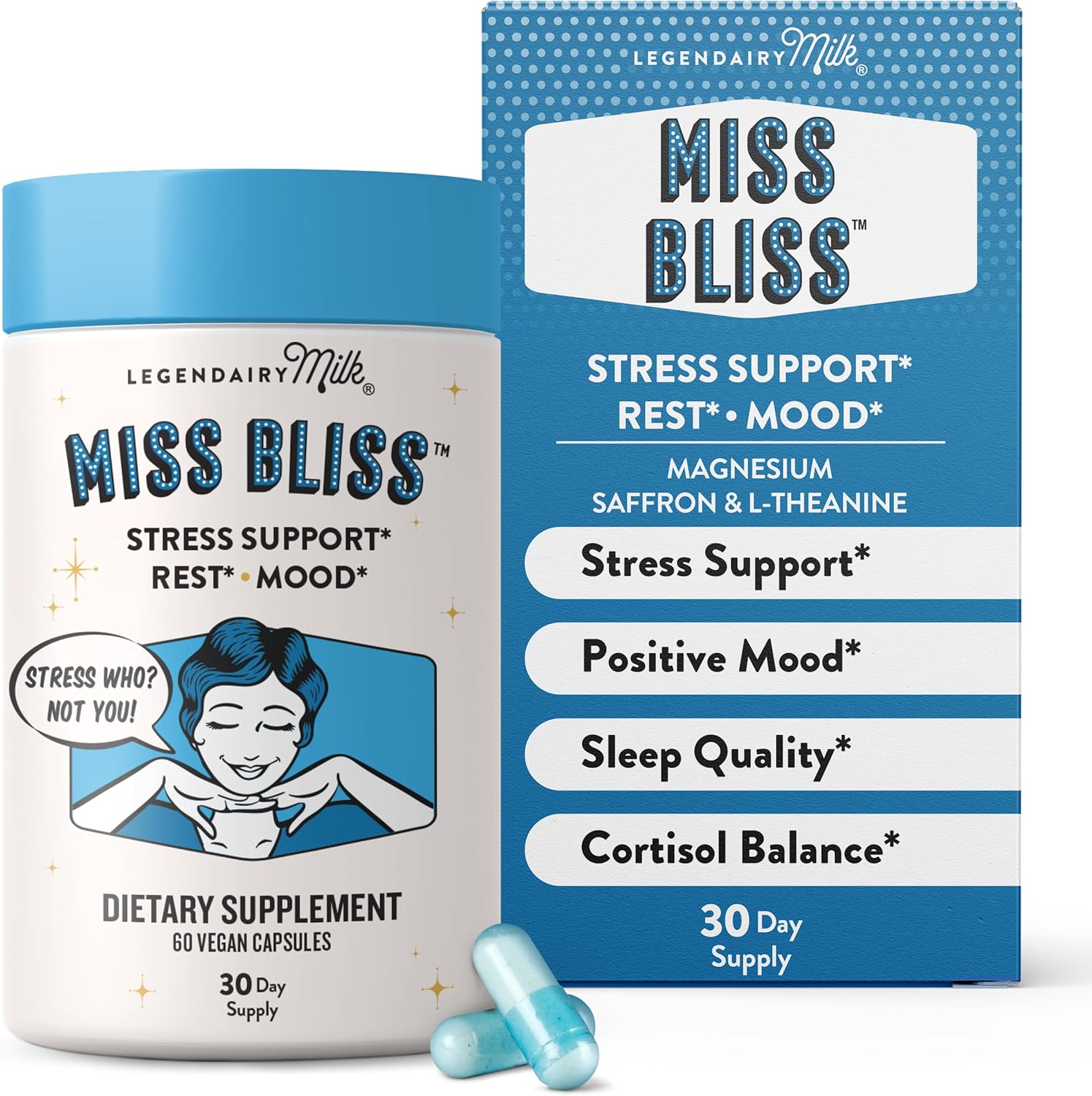 Legendairy Milk Miss Bliss™ Stress Support for Women – Stress Relief Supplement with affron® Saffron, Magnesium Glycinate + Citrate & L-Theanine – Calm & Mood Balance, Non-Drowsy, 60 Vegan Capsules