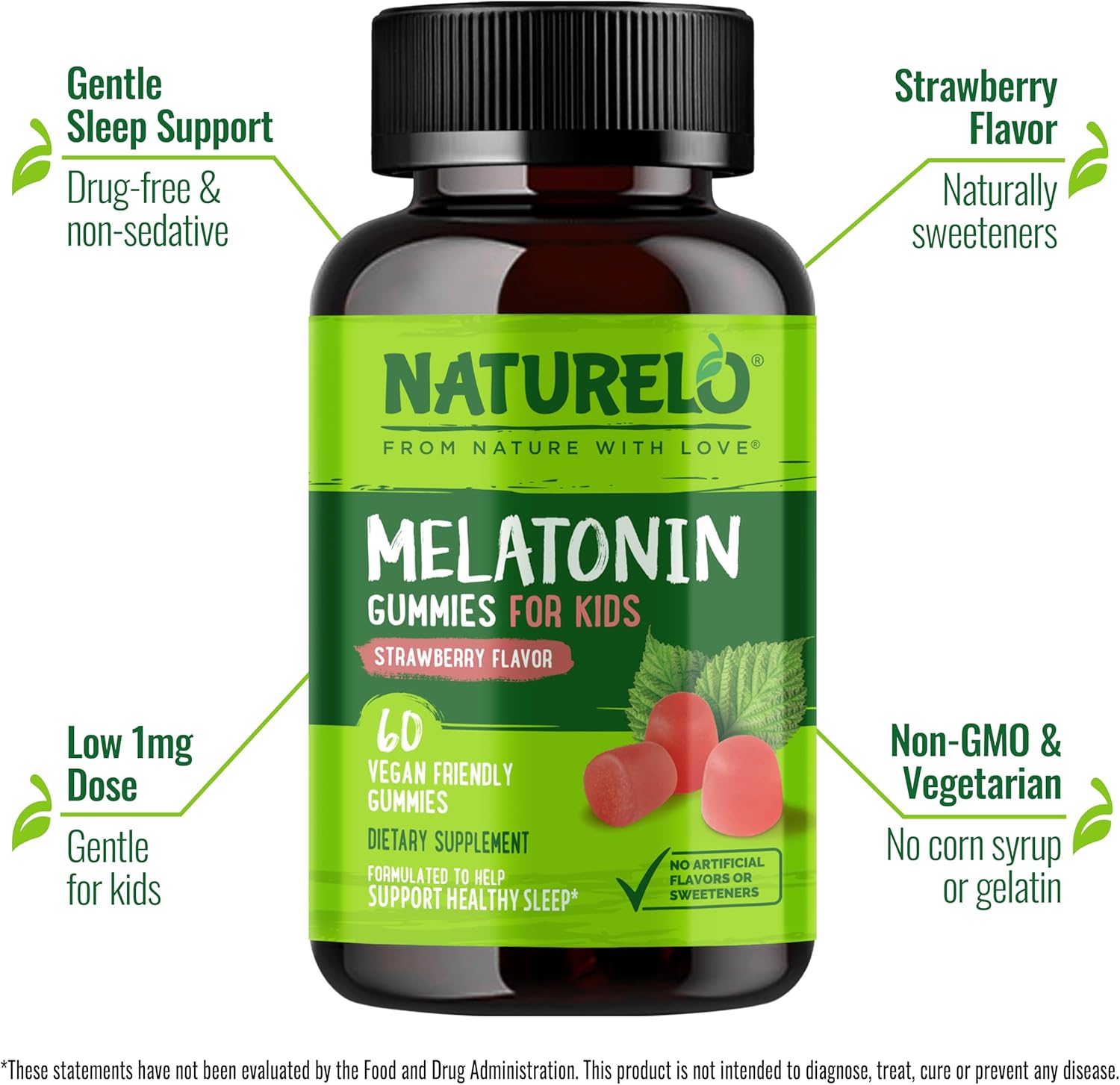 NATURELO Melatonin Gummies for Kids Non-GMO, Gluten-Free, Soy Free - Strawberry Flavor - Gentle Sleep Supplement - 60 Vegetarian Gummies - Image 2