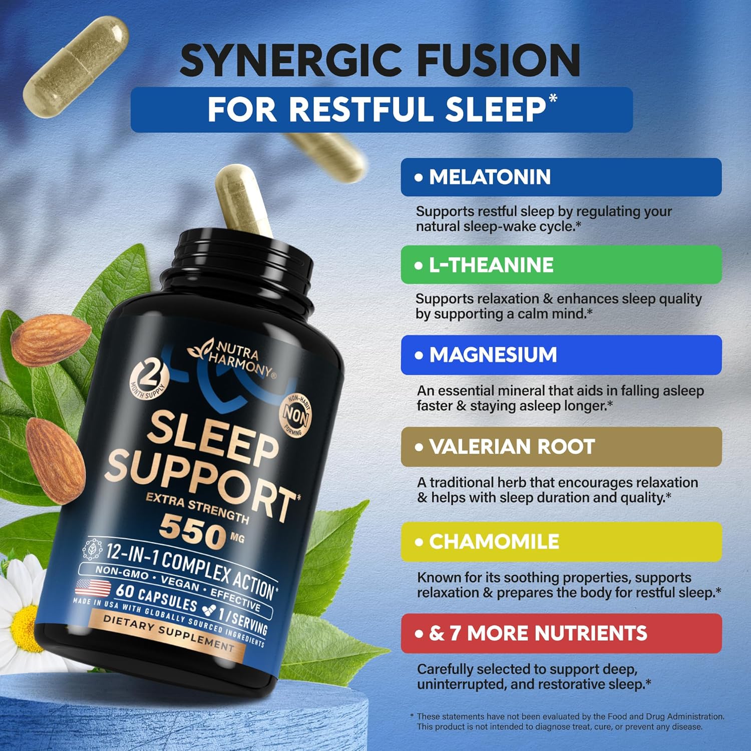 Sleeping Pills for Adults 550mg - Melatonin 3mg | Valerian Root for Sleep | L-Theanine | Magnesium - Natural Sleep Aid Supplement - Non-Habit Forming Rest Support - Made in USA - 1/day, 2 Month Supply - Image 4