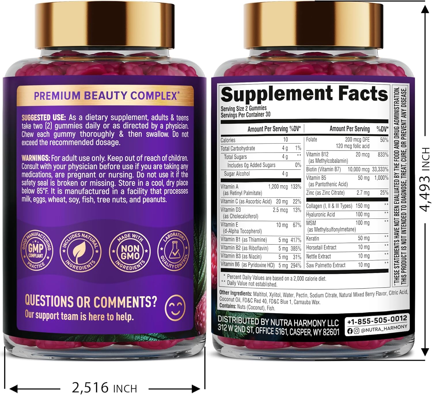 Biotin Gummies with Collagen - Hair Growth Support, Skin, & Nail Strength - for Women & Men - Biotin 10000mcg | Keratin | Hyaluronic Acid | B-Complex | Nettle - Sugar-Free, Mixed Berry - 60 Gummies - Image 2