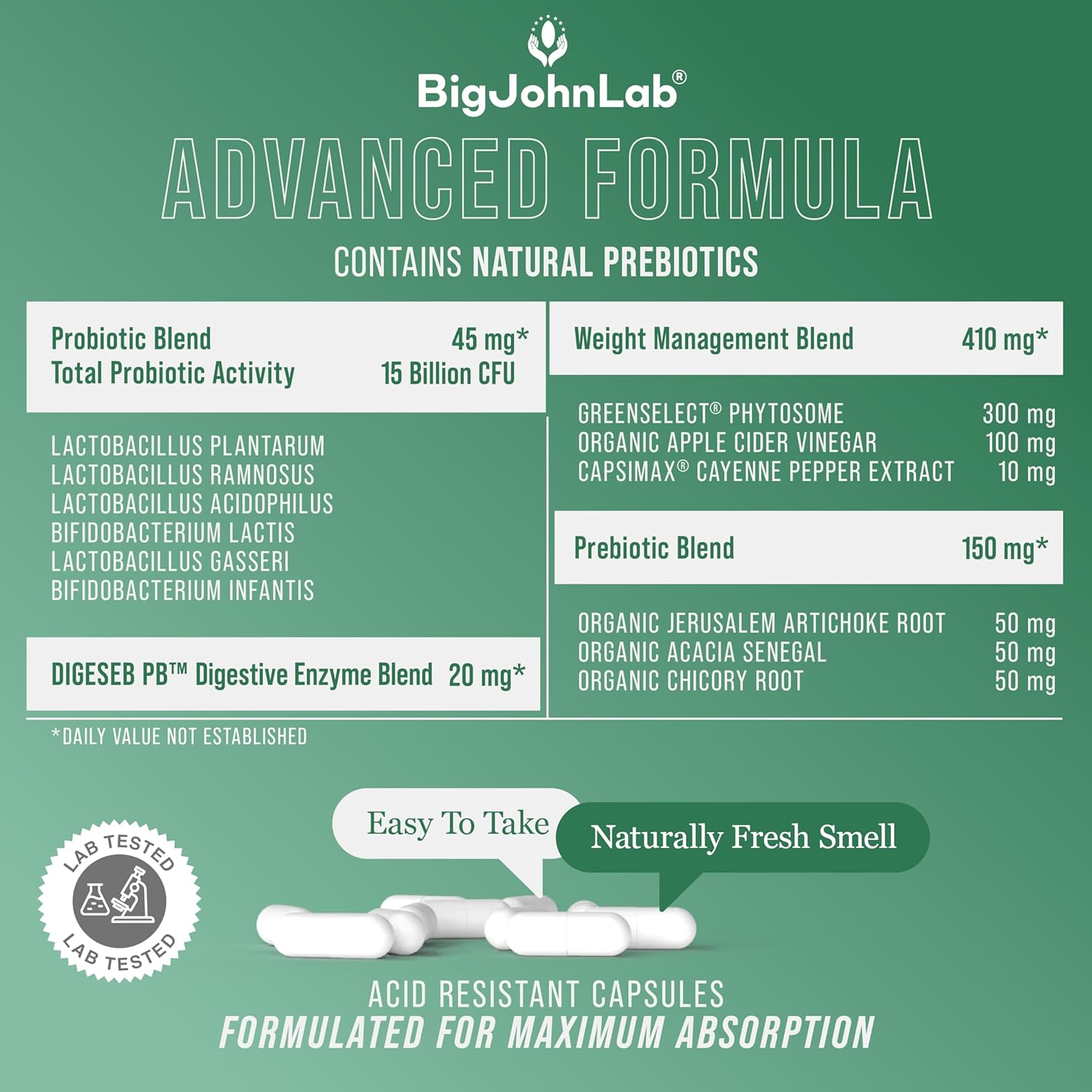 BIGJOHNLAB® - Probiotics for Weight Management & Bloating - 6 Probiotic Strains - Prebiotics - Key Ingredient Cayenne & Green Tea - Supports Gut Health - Weight Management for Women & Men - 30 CT - Image 7
