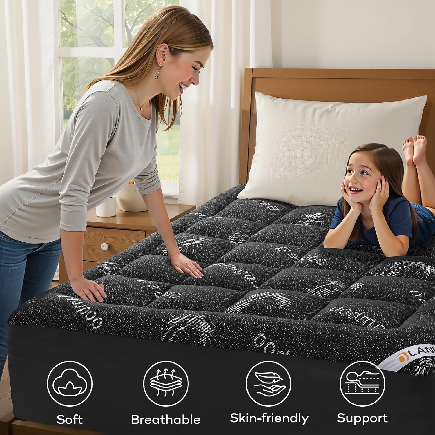 OLANLY Queen Mattress Topper – Viscose Made from Bamboo, Cooling Soft Queen Pillow Top Mattress Pad for Back Pain Relief, Plush Down Alternative Fill Bed Topper with Elastic Deep Pocket, Dark Gray - Image 8