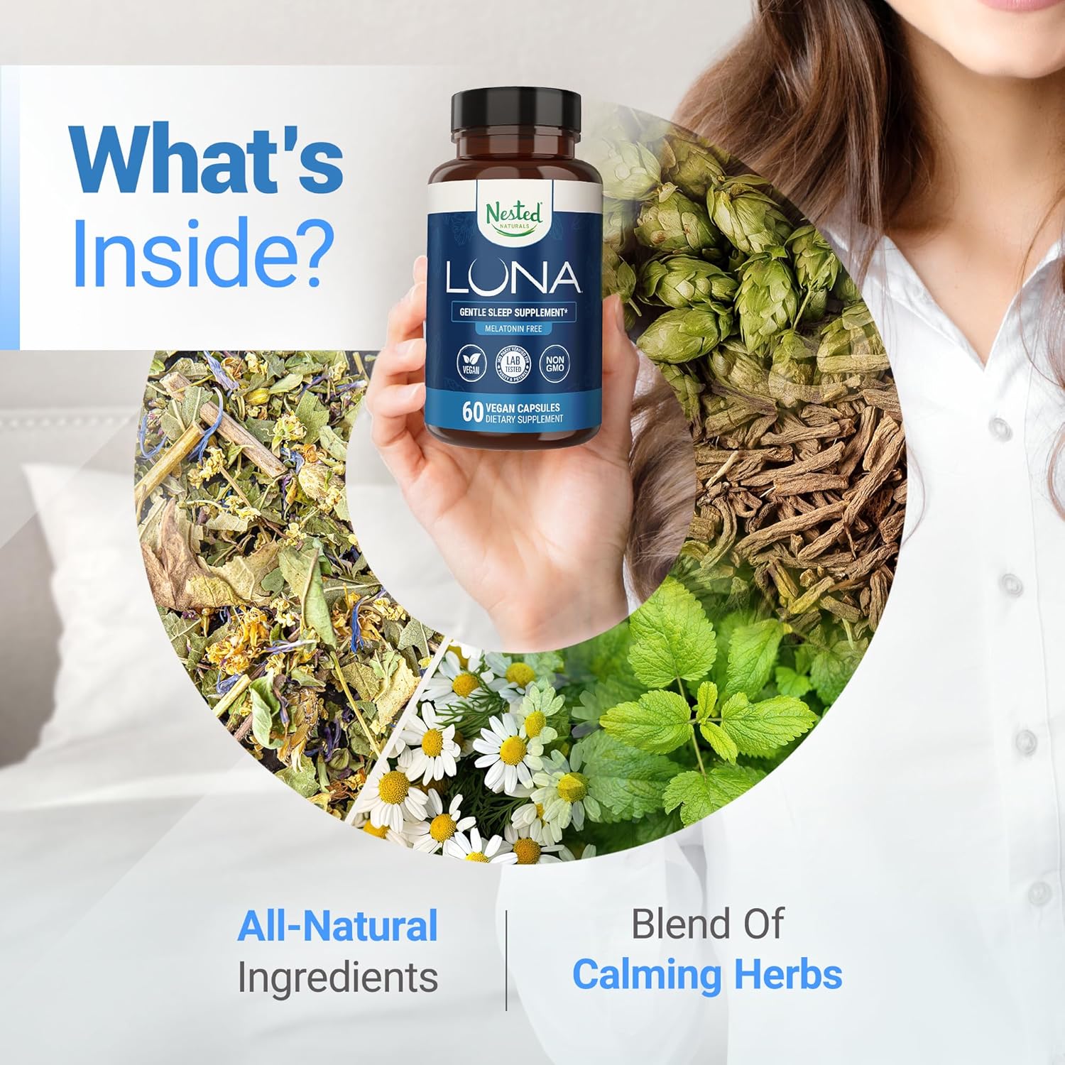 Nested Naturals Luna Melatonin-Free Sleep Supplement - Non-Habit Forming Herbal Sleep Supplement, Adult Bedtime Support, Help Sleeping w/Chamomile, Valerian, L-Theanine - 60 Vegan Capsules - Image 4