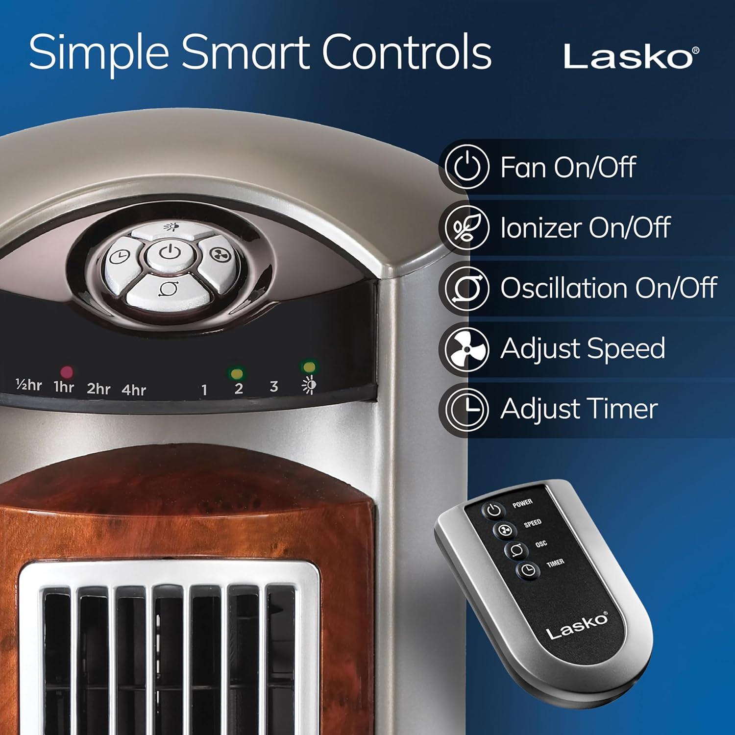 Lasko Oscillating Tower Fan with Remote, Quiet Floor Fans for Bedroom, 42", Woodgrain and Grey, T42954 - Image 3