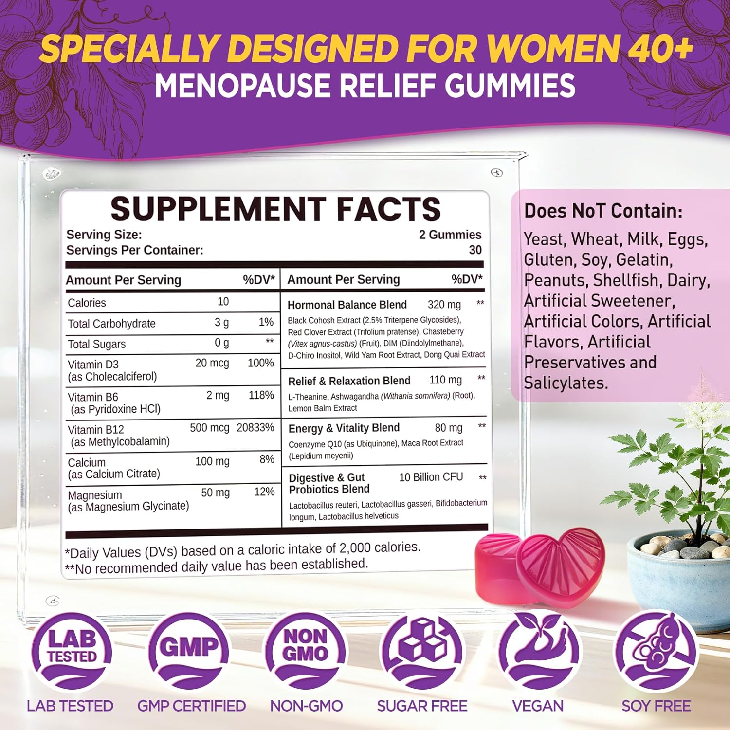 Menopause Supplements for Women Gummies, Hot Flashes & Night Sweats Support, Menopause Relief with Black Cohosh, Chasteberry & Probiotics, Sugar Free, Vegan, Grape Flavor, 60 Count - Image 5
