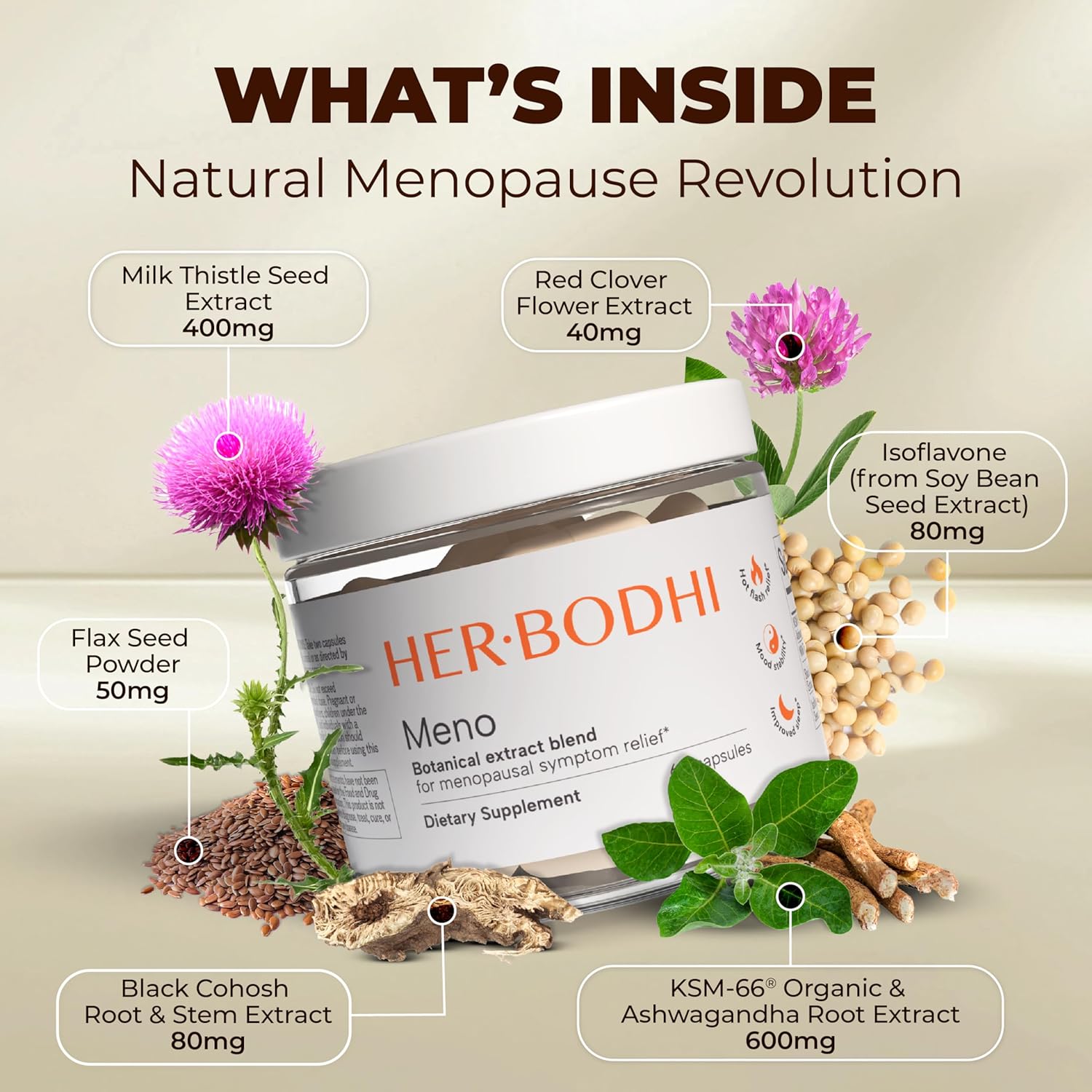 Her Bodhi Meno- Menopause Hormonal Balance for Women, Estrogen Soy Isoflavones Menopause Supplement for Women, Ashwagandha, Black Cohosh Hot Flashes Menopause Relief, Night Sweats Relief 60Caps - Image 5